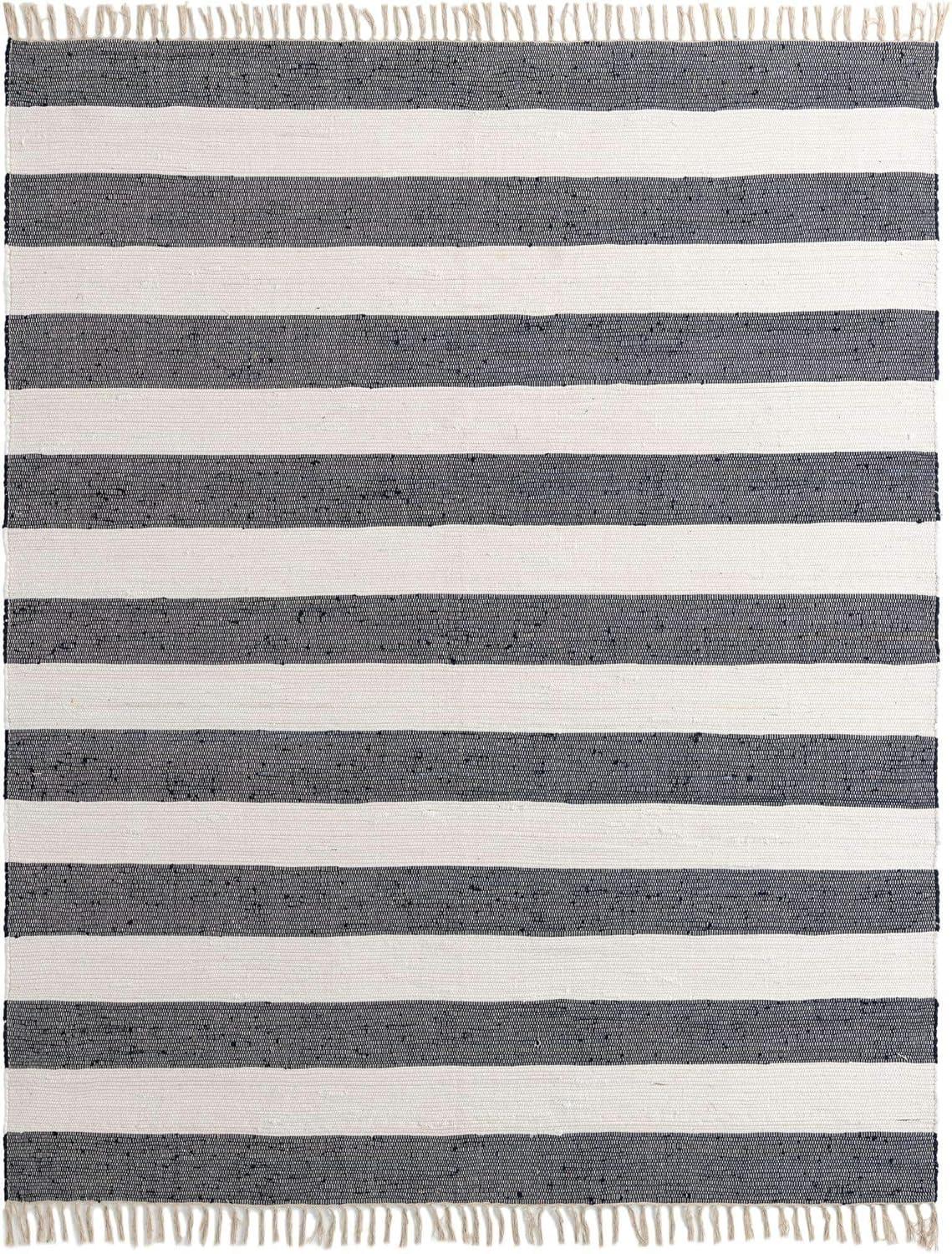 Unique Loom Chindi Rag Collection Area Rug - Striped (8'  x 10' Rectangle Navy Blue/Ivory)