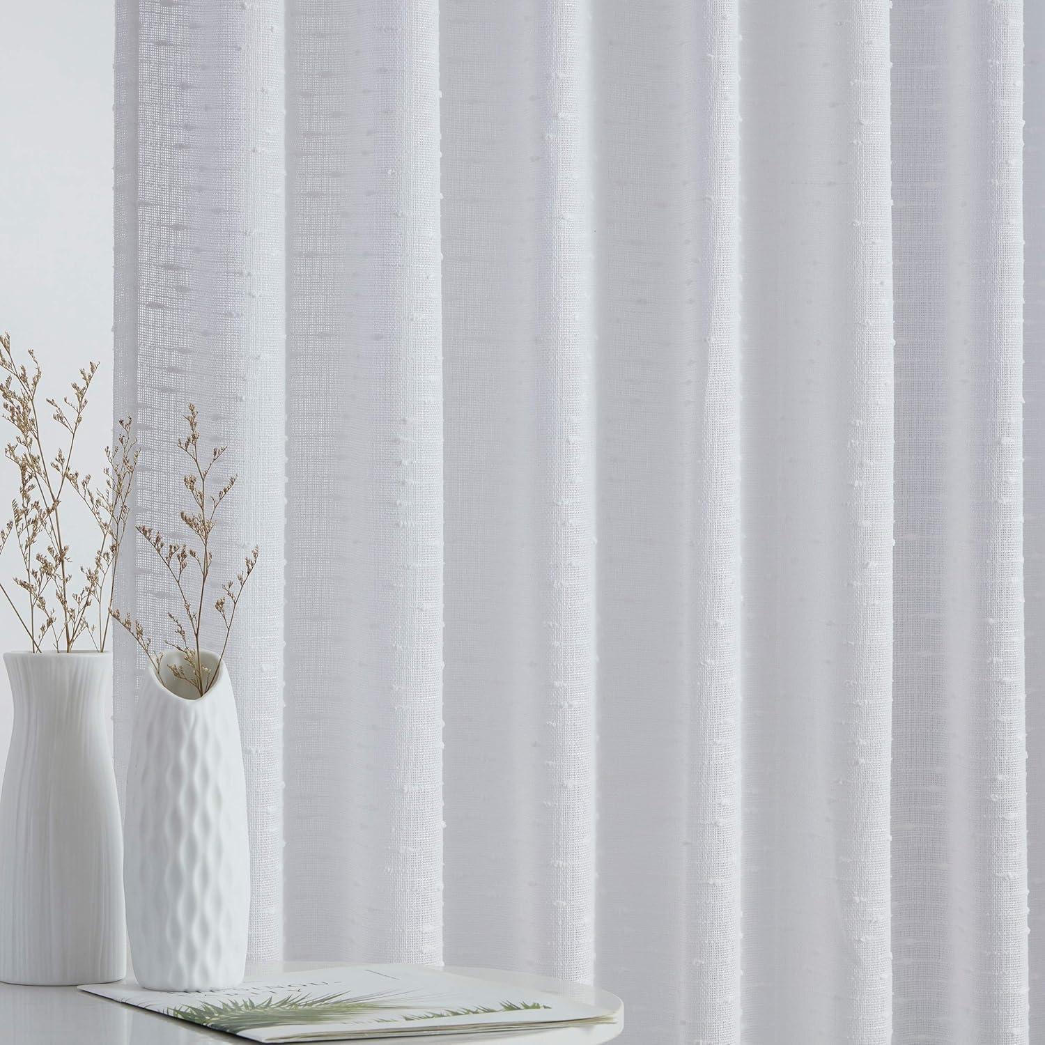 HLC.ME Emily Faux Linen Semi Sheer Light Filtering Back Tab Pocket Lightweight Window Curtains Drapery, 2 Panels - White, 54 W x 84 L