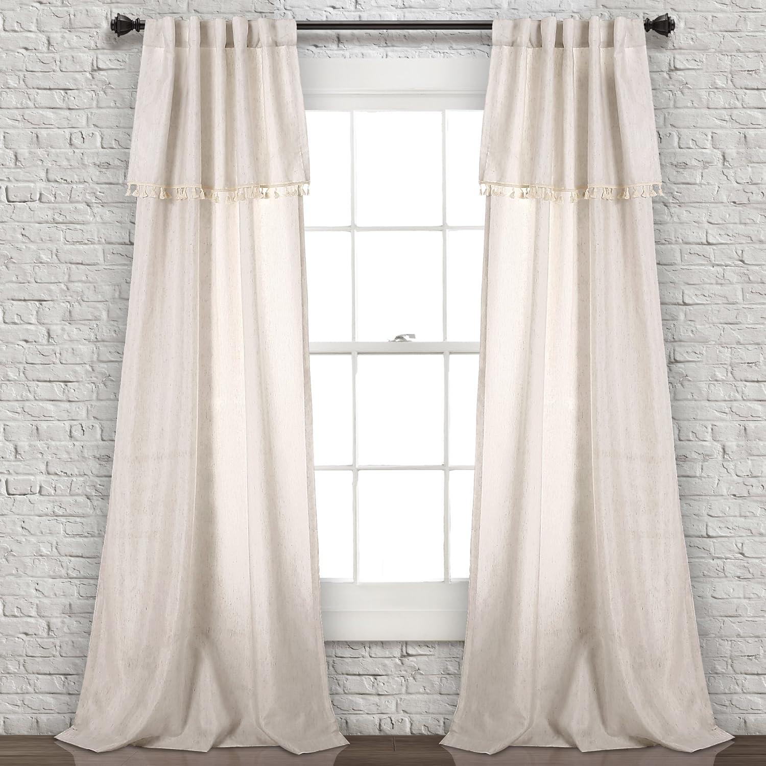 Set of 2 (84"x40") Ivy Tassel Light Filtering Window Curtain Panels Beige - Lush Décor: Linen & Polyester, Rod Pocket