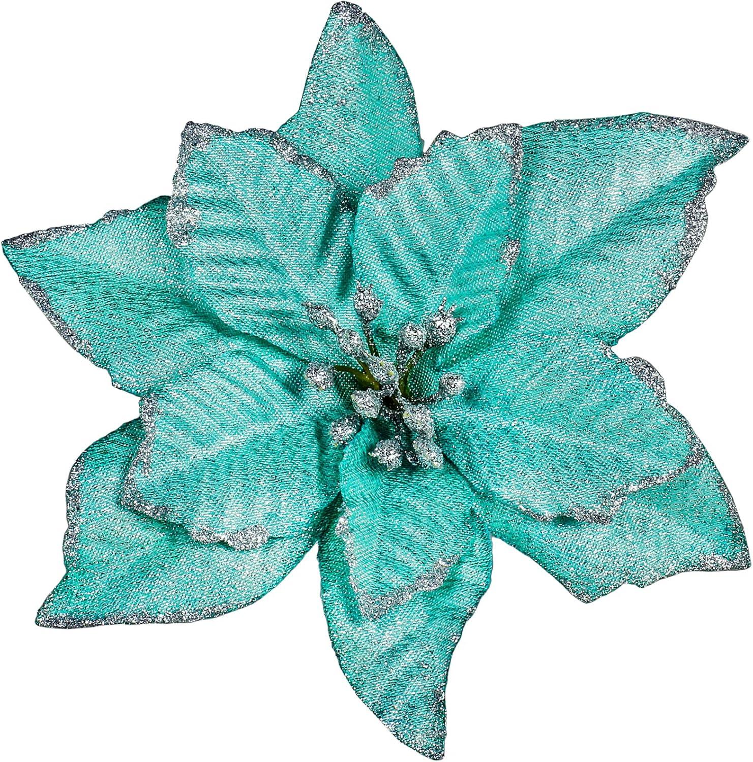 Teal Glitter Artificial Poinsettia Flowers for Christmas Tree Decor, 24PCS