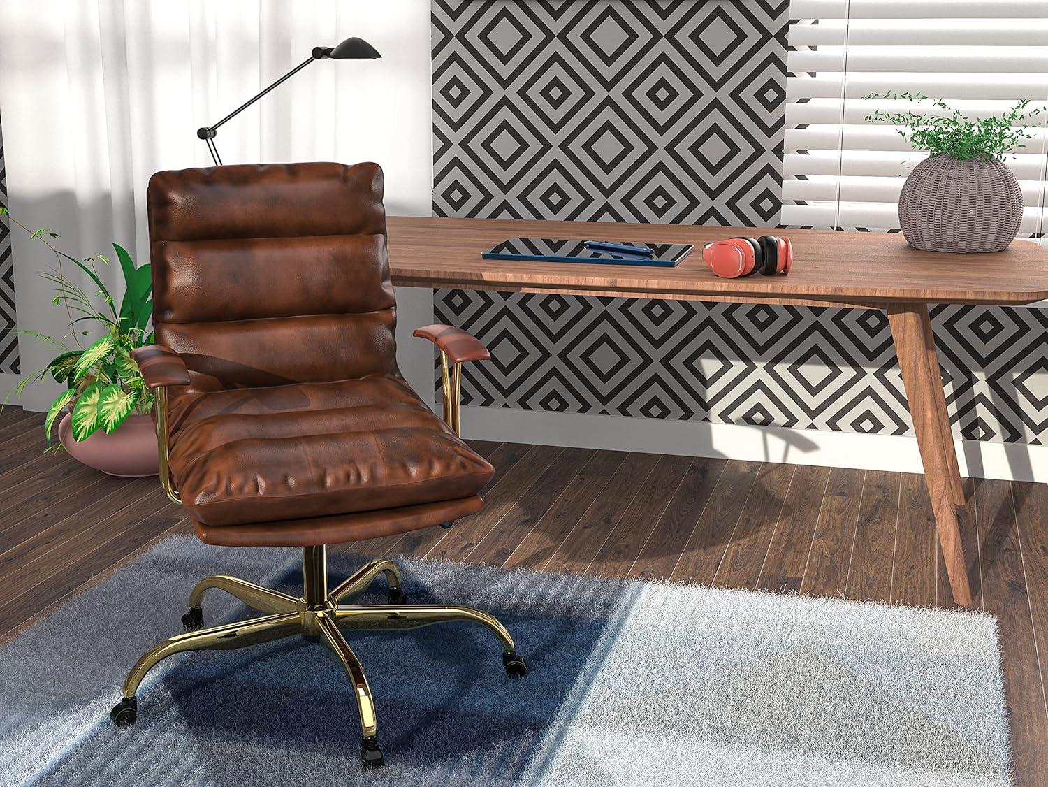 LeisureMod Regina Single Ergonomic Padded Leather Lumbar Support Adjustable Height Swivel Executive Office Chair with Gold Steel Frame