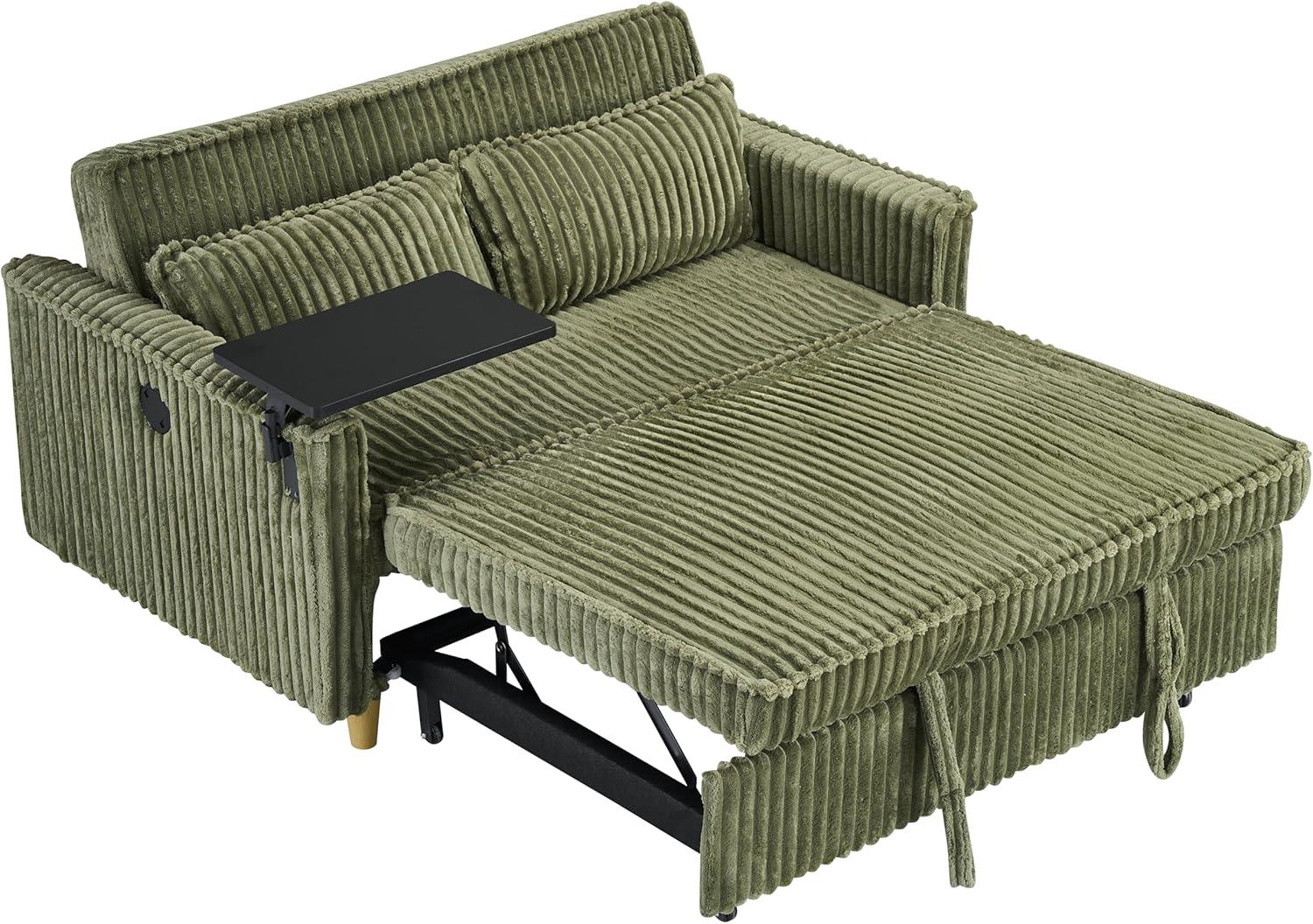 54"W Convertible Sleeper Sofa Bed,3-In-1 Corduroy Pull Out Couch Bed,Futon Loveseat Sleeper Couch with Adjustable Backrest and USB Ports & Side Table,Recliner for Living Room,Office,Small Space,Green