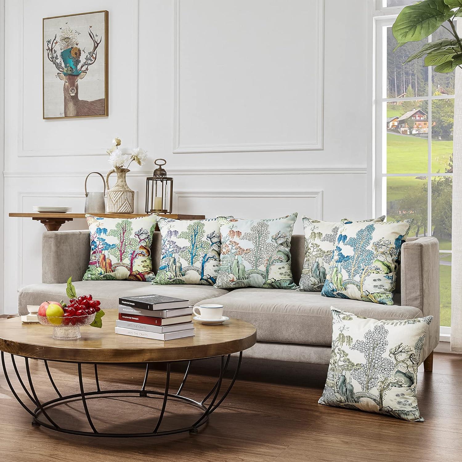 Chinoiserie Pillow Covers 20 x 20 Set of 2 Asian Scenic Linen Throw Pillow Cover Vintage Blue and Green Farmhouse Decorative Pillowcases for Living Room Couch Bed Sofa Outdoor