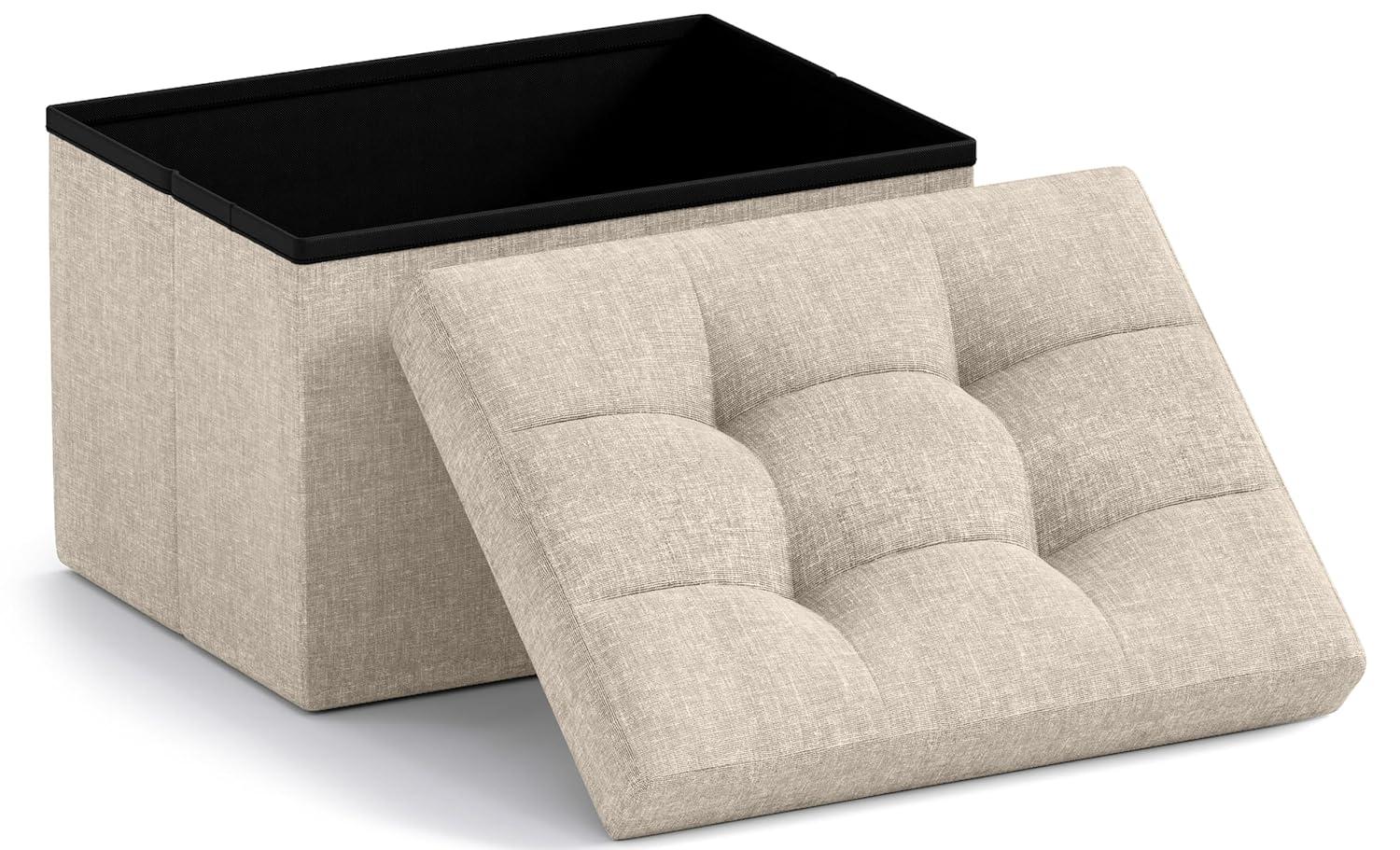 Small White Tufted Linen Foldable Storage Ottoman