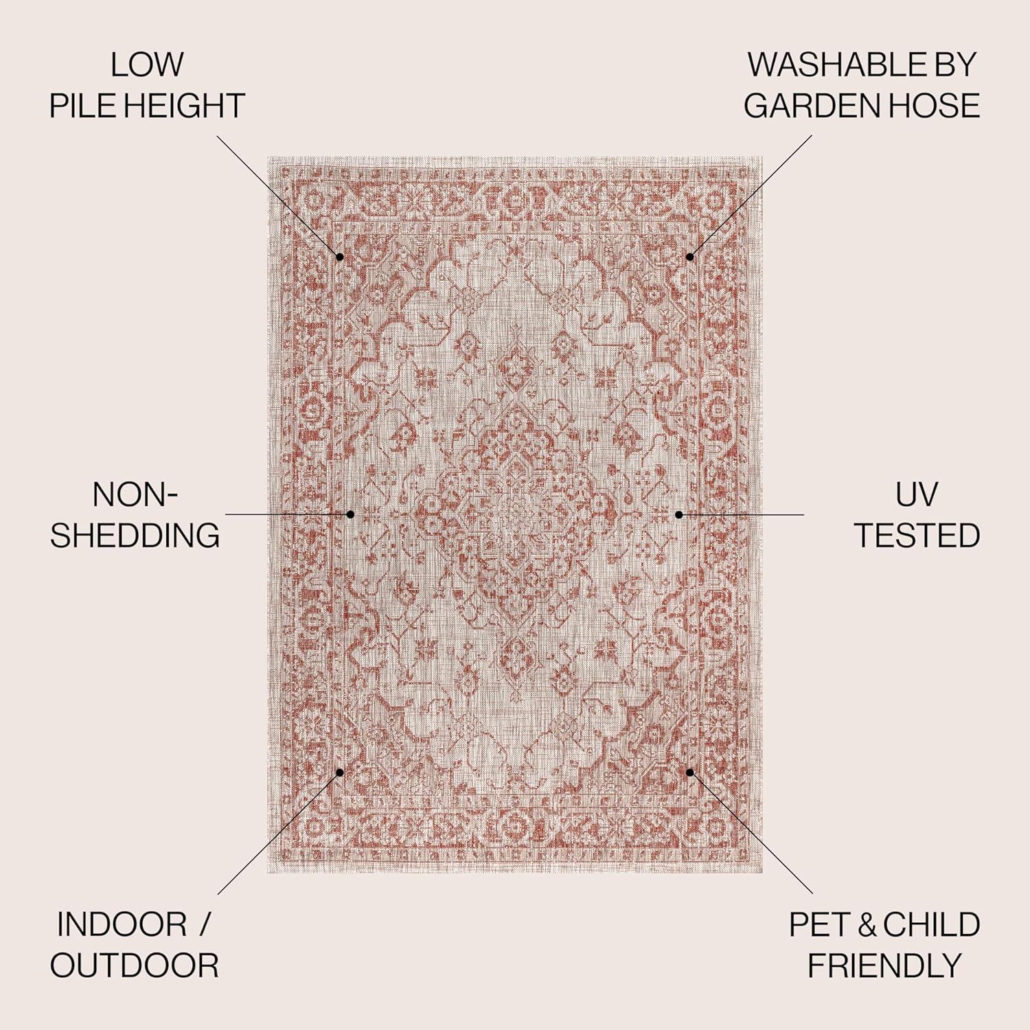 5' Square Rozetta Boho Medallion Textured Weave Indoor/Outdoor Area Rug, Red/Taupe - JONATHAN Y