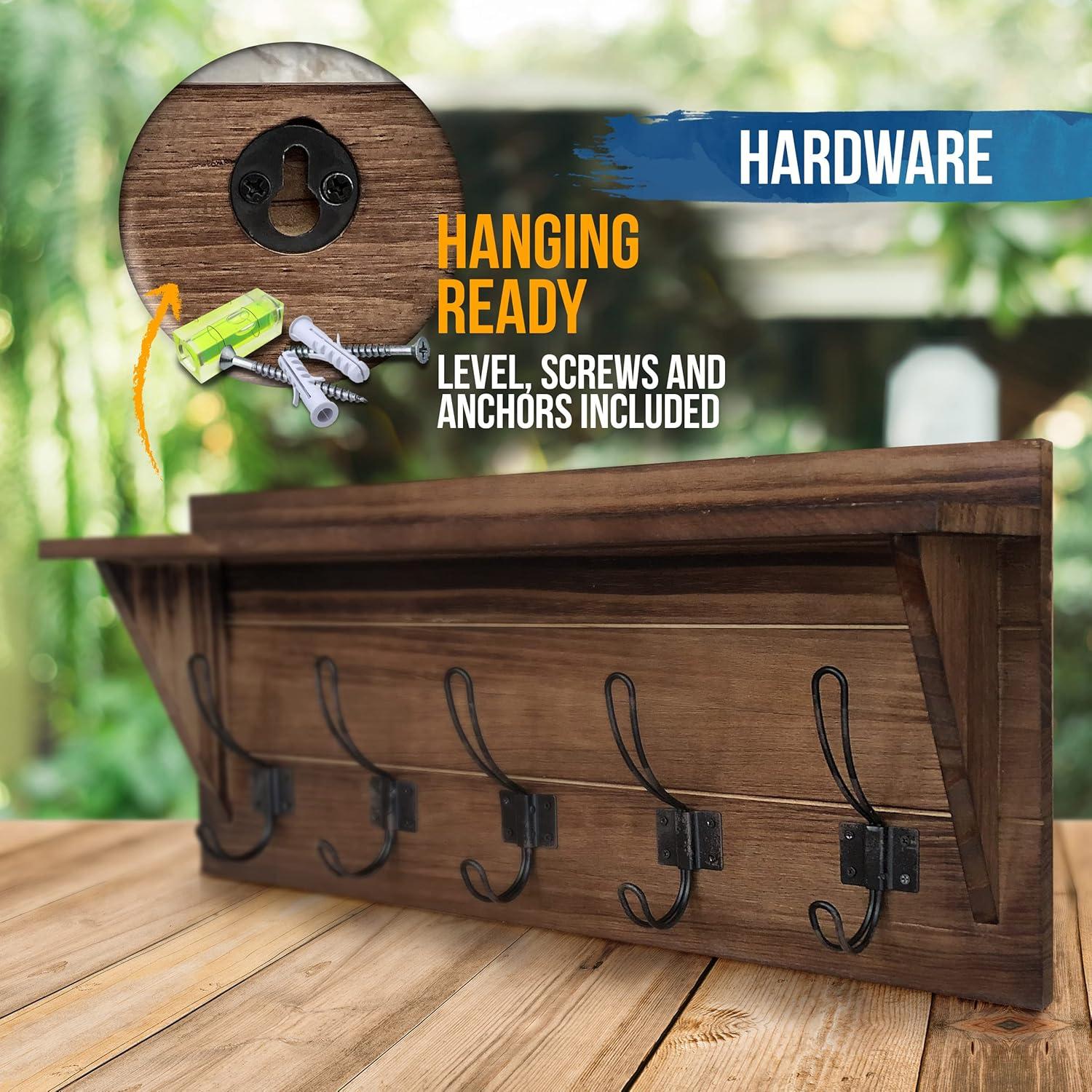 Rustic Brown Solid Pine Wall Mounted Coat Rack with Shelf
