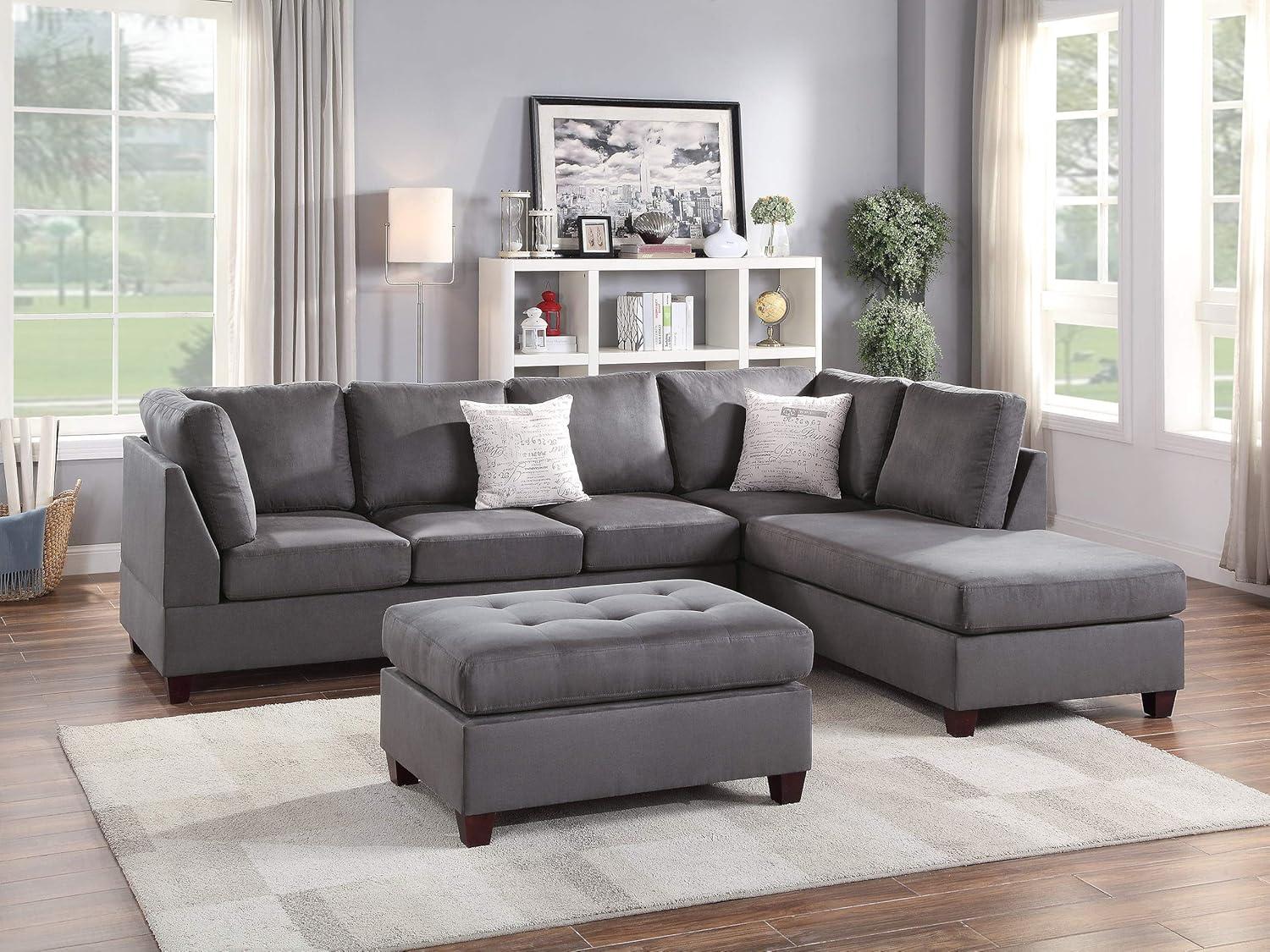 Poundex 3 Piece Fabric Sectional Sofa Set with Ottoman in Gray
