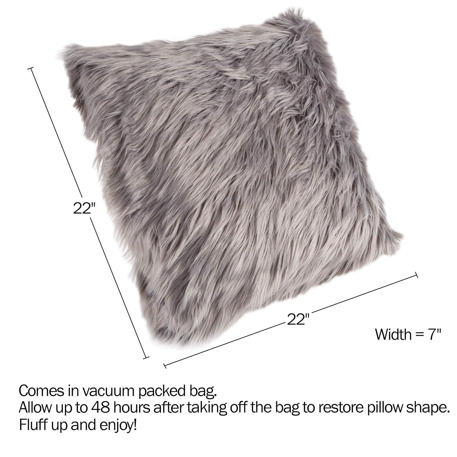 22-in. Plush Pillow Luxury Square Accent Pillow Insert and Shag Glam Cover Set for Bedroom or Living Room by Lavish Home (Gray)