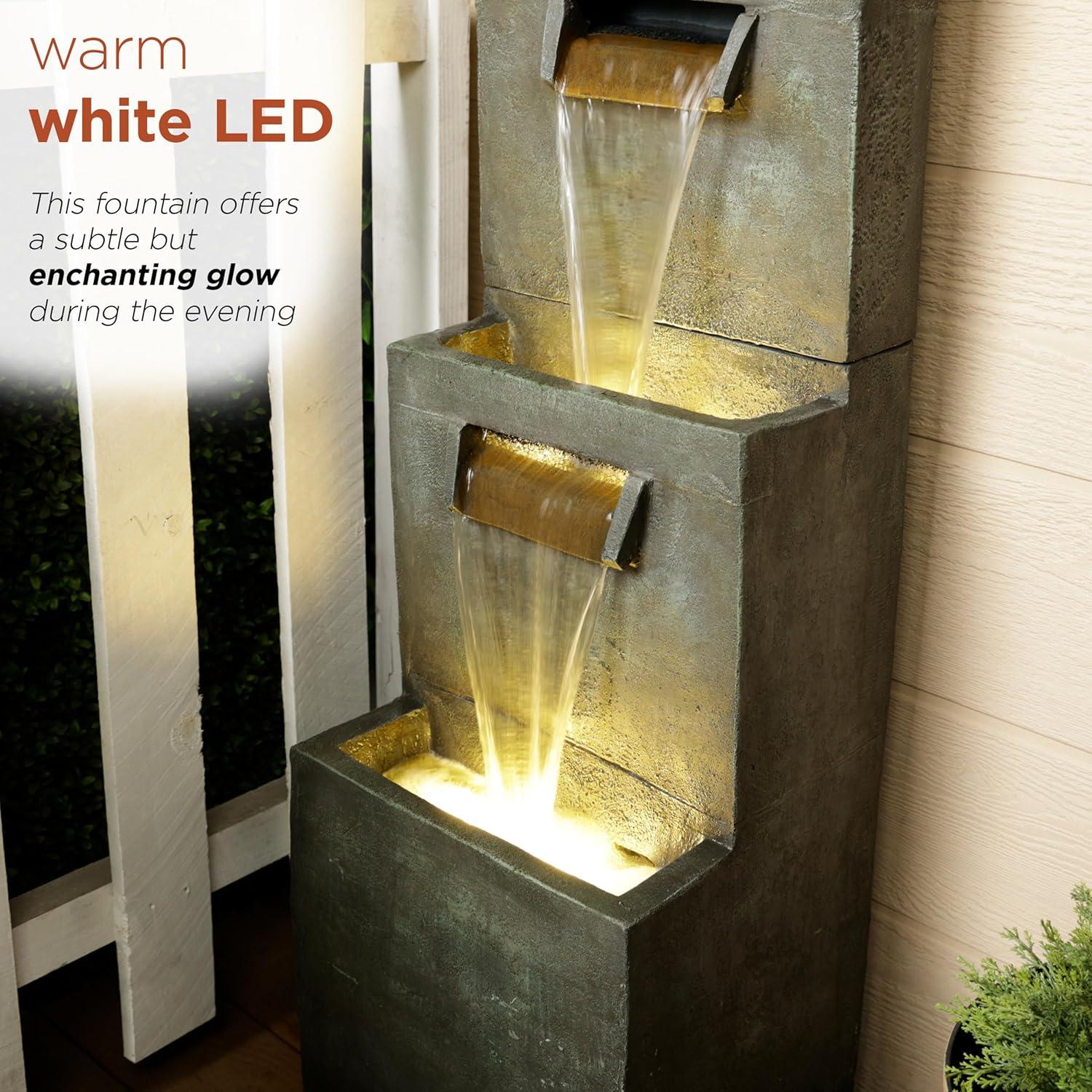 Alpine Corporation 40" Polyresin 2-Tier Modern Polystone Sculptural Fountain With Warm White LED Lights