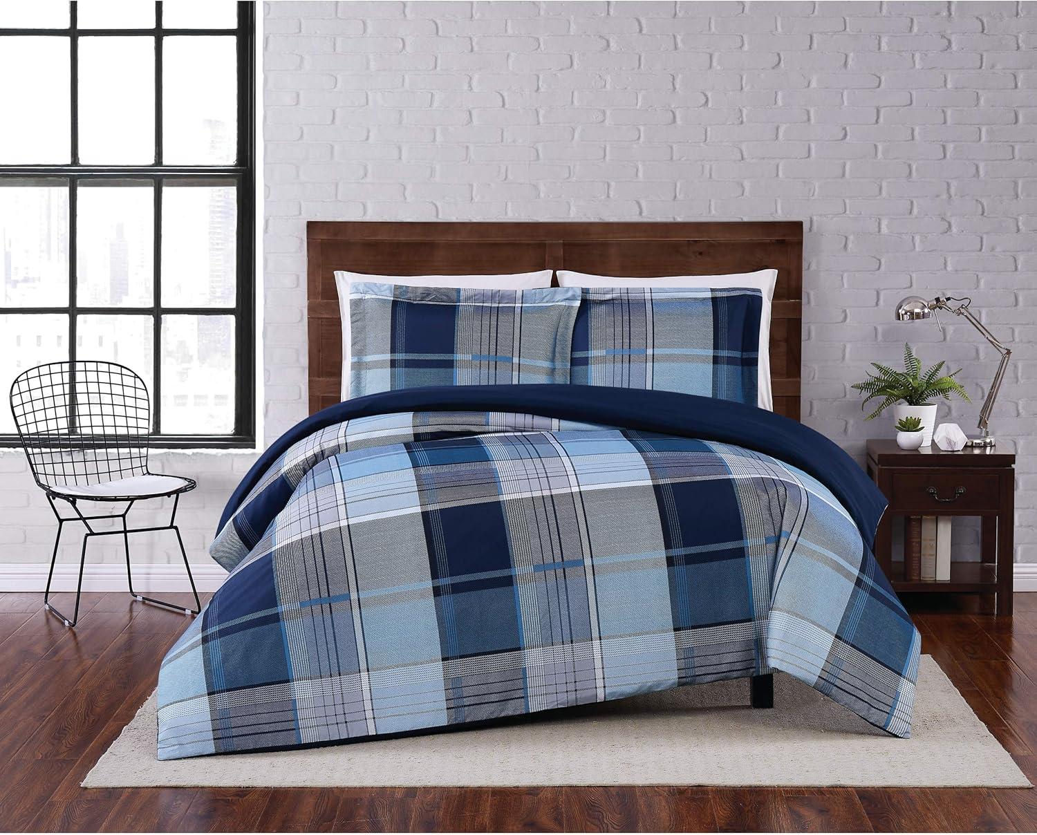 Twin XL Blue and Gray Plaid Microfiber Duvet Set