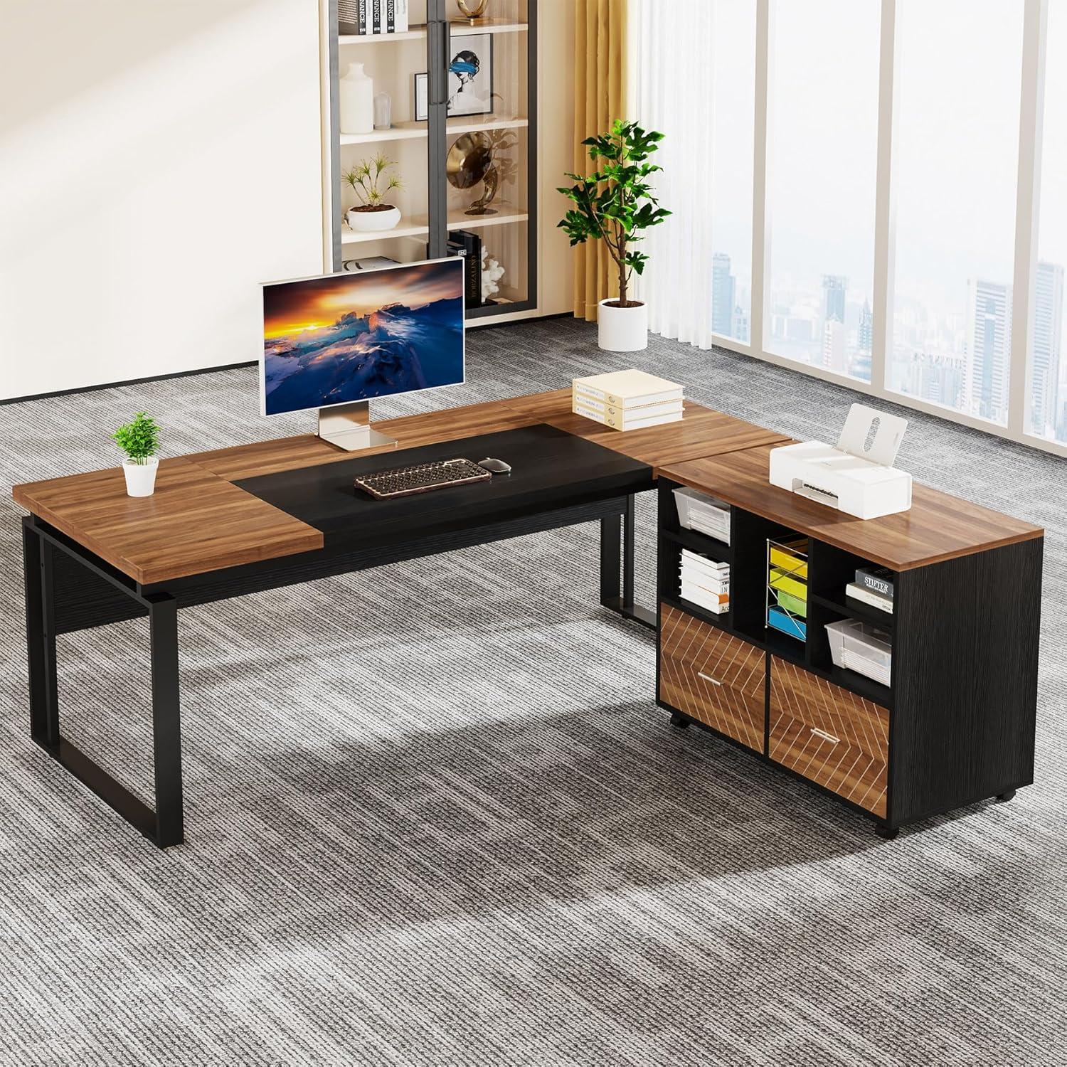 Tribesigns 63 inch L-Shaped Executive Desk with Reversible File Cabinet, Office Desk with Storage Drawers, Walnut & Black