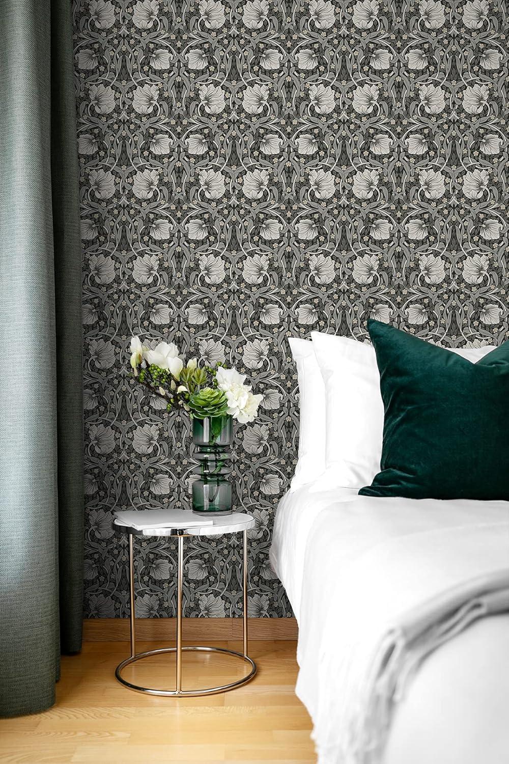 NextWall Charcoal & Pearl Grey Pimpernel Floral Peel and Stick Wallpaper