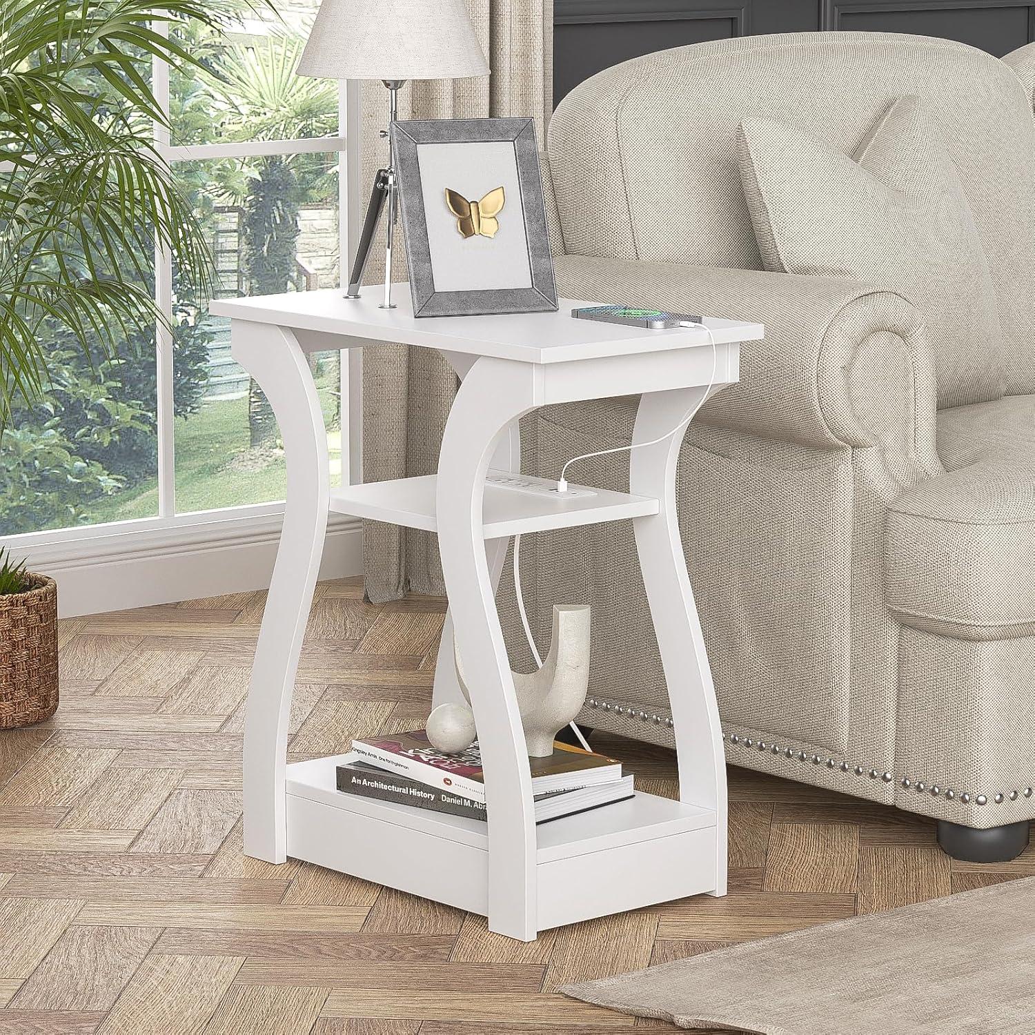 End Table Set of 2 with Charging Station, Side Table with USB Ports and Outlets, Nightstand, 3 Tier End Table with Storage Shelf for Living Room, Bedroom(White Set of 2)