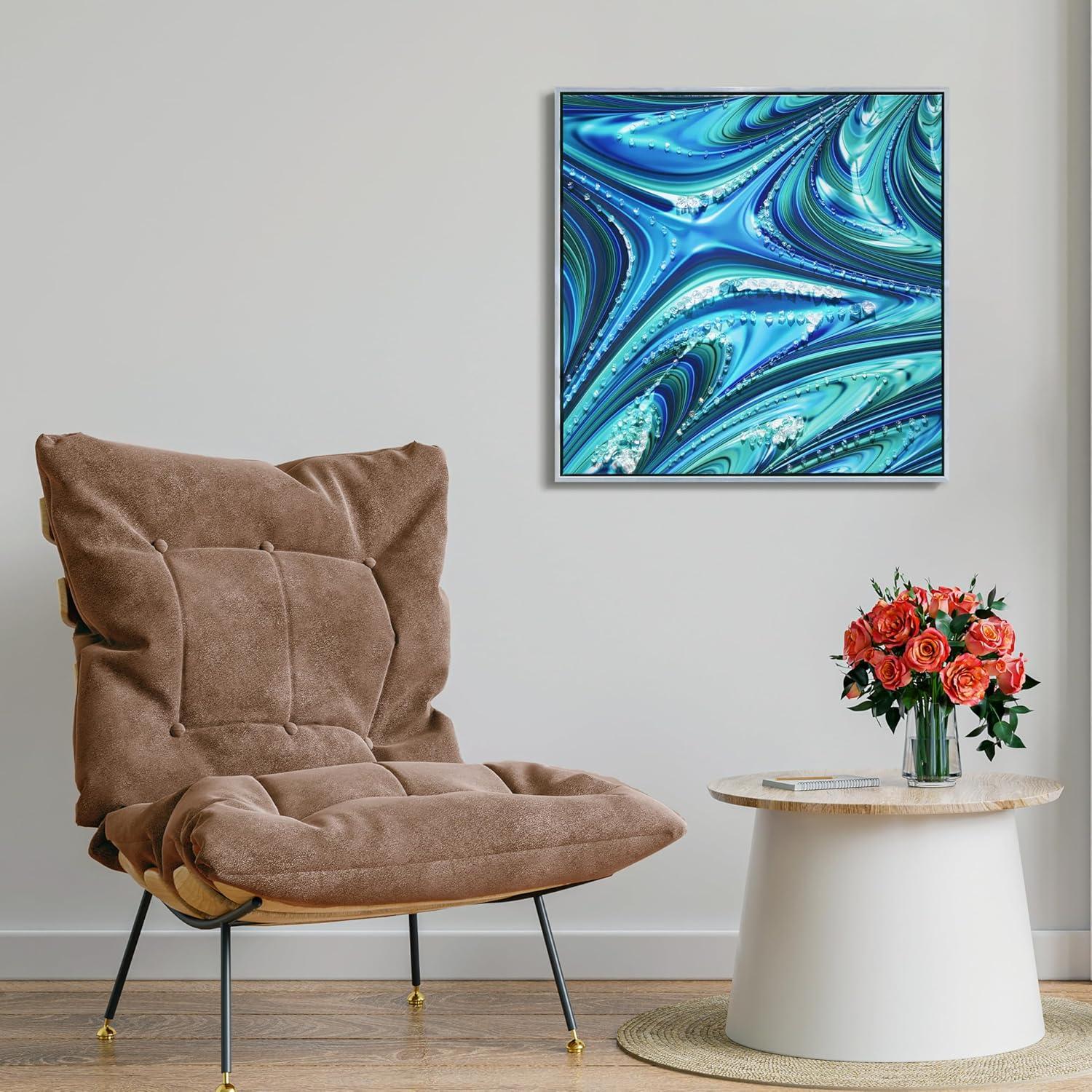 "Ocean Waves II" Crystallus Epoxy Coated Wrapped Framed Glossy Blue Canvas Wall Art with Heavy Acrylic Crystal Shards Embellishments