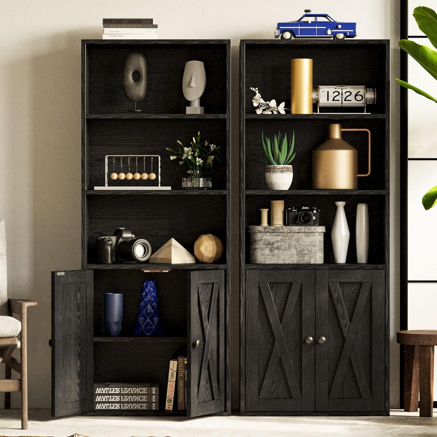 Vintage Black 5-Tier Industrial Bookcase with Doors