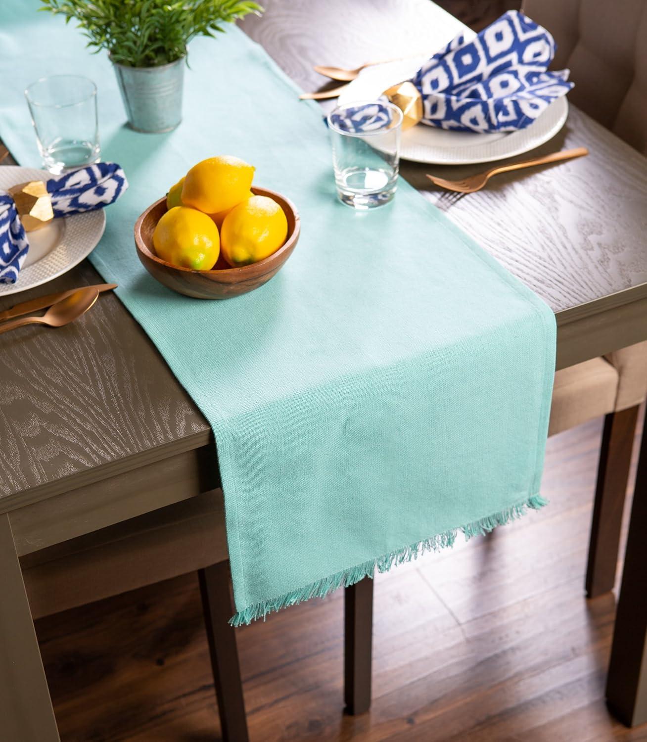 Aqua Solid Heavyweight Fringed Table Runner 14X72