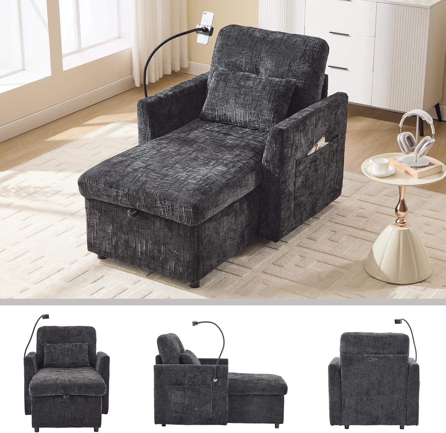 32 Inch Chaise Lounge Accent Chair with Storage, Comfy Chenille Upholstered Sleeper Chair Bed Modern Deep Seat Leisure Recliner Lounger Daybed w/Phone Holder and Side Pockets for Living Room Office