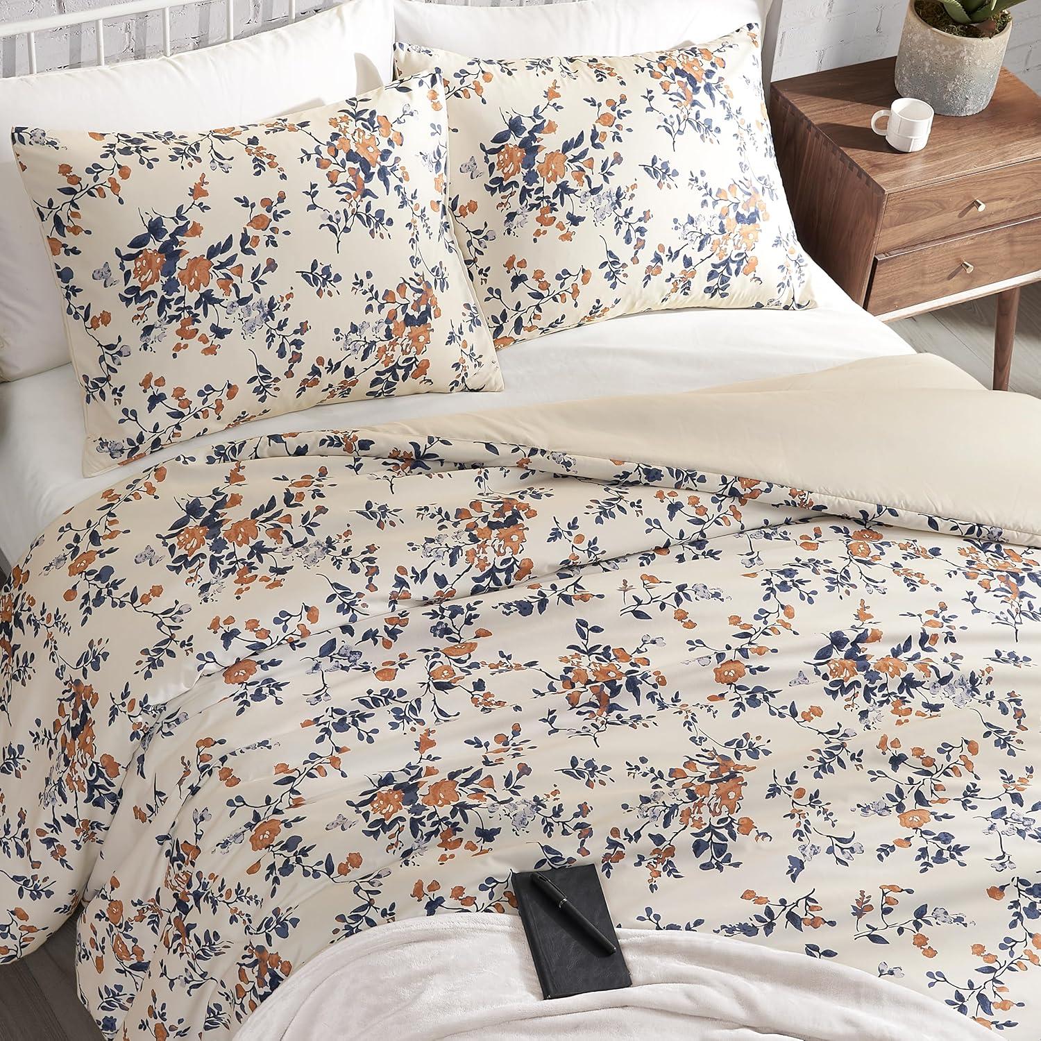 Twin Beige Floral Microfiber Reversible Comforter Set