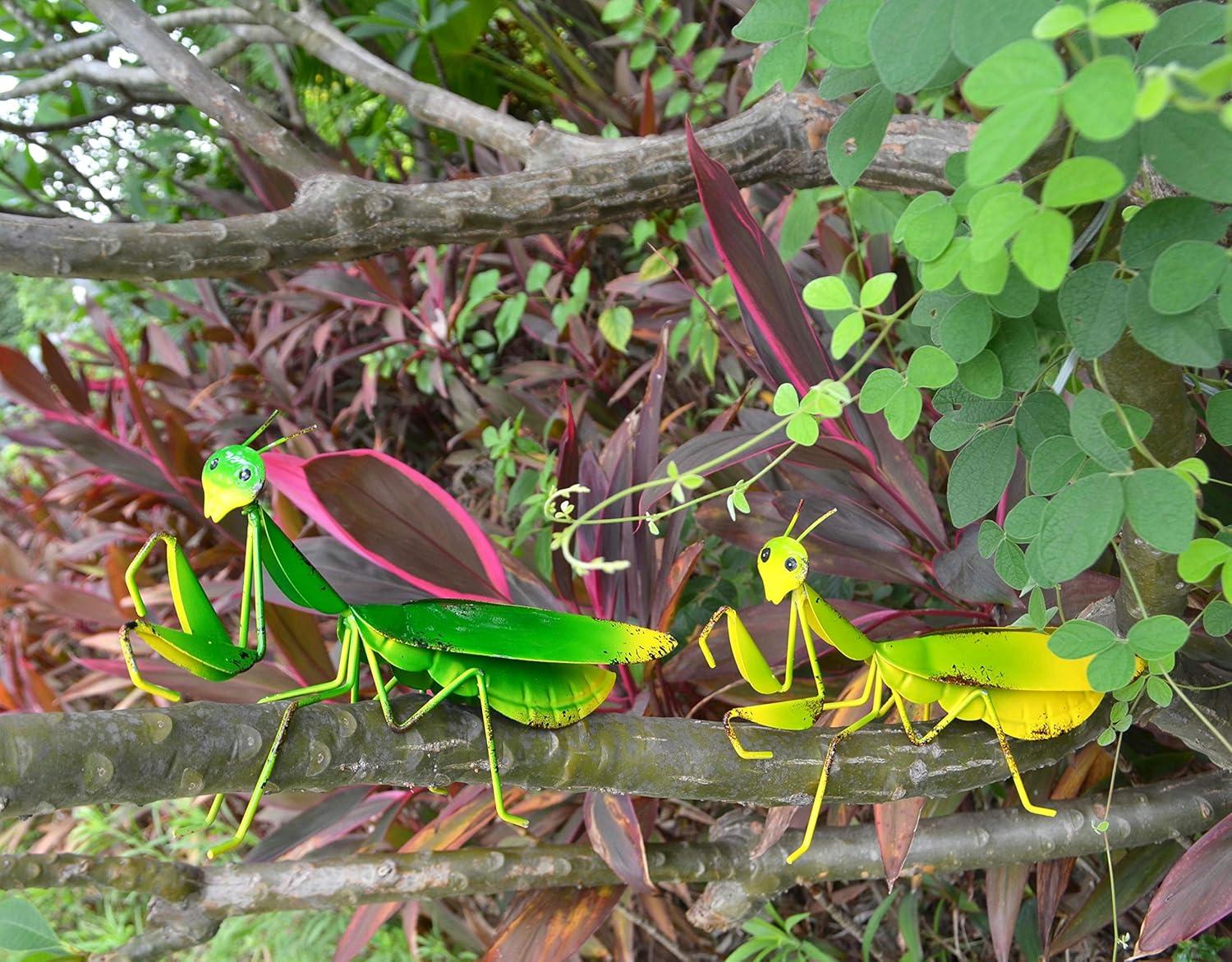 Vibrant Green and Yellow Metal Praying Mantis Garden Decor Set