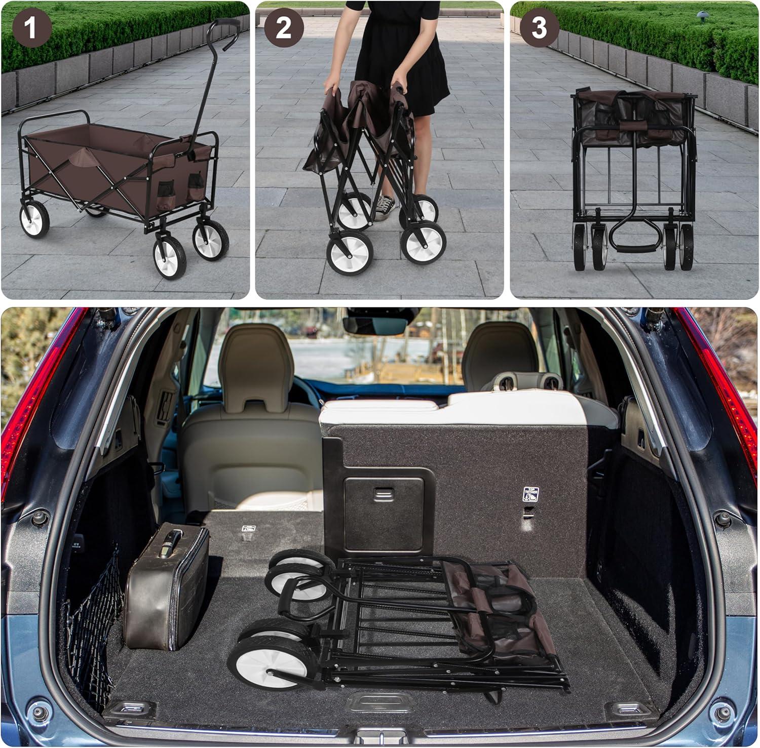Brown Collapsible Garden Wagon with Swivel Wheels