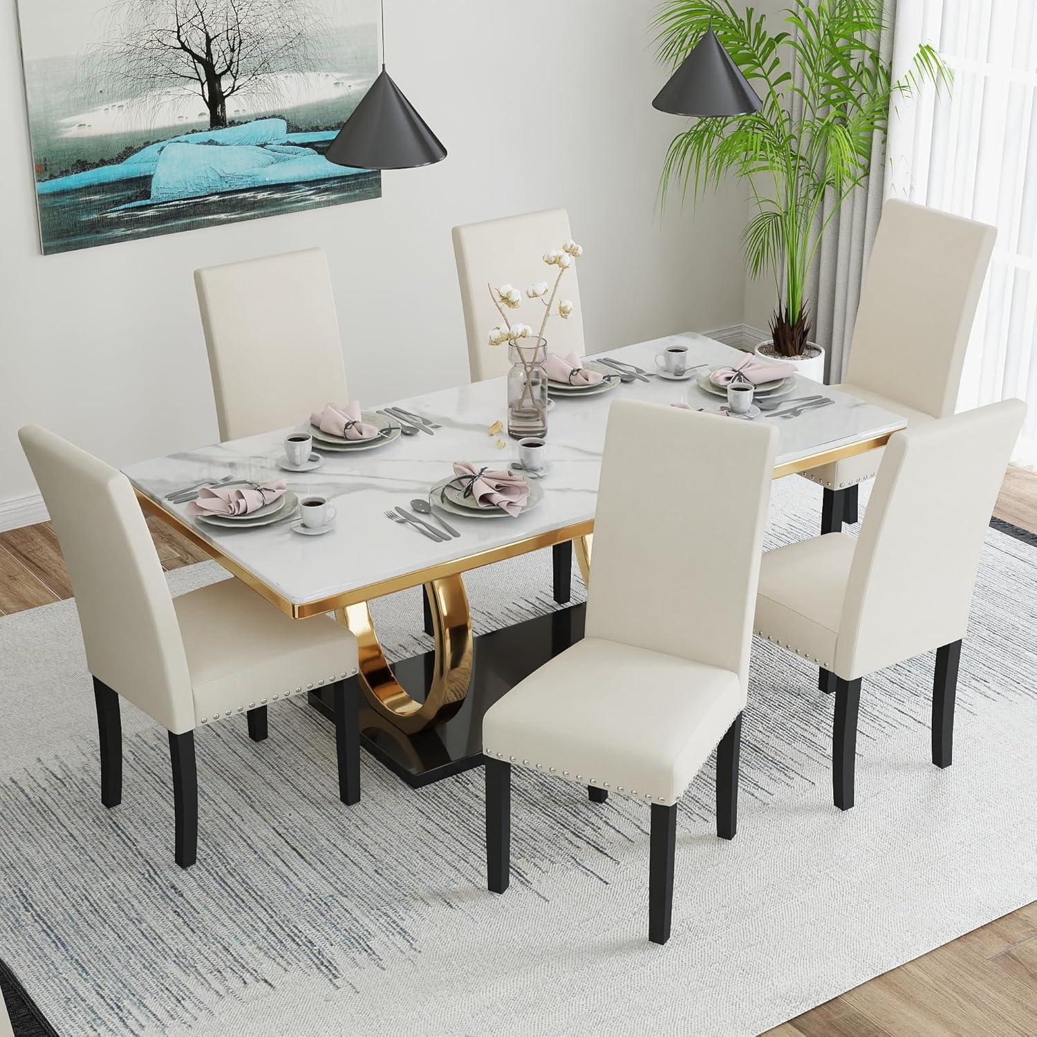 Costway Set of 2 Fabric Dining Chairs Upholstered with Nailhead Trim Beige
