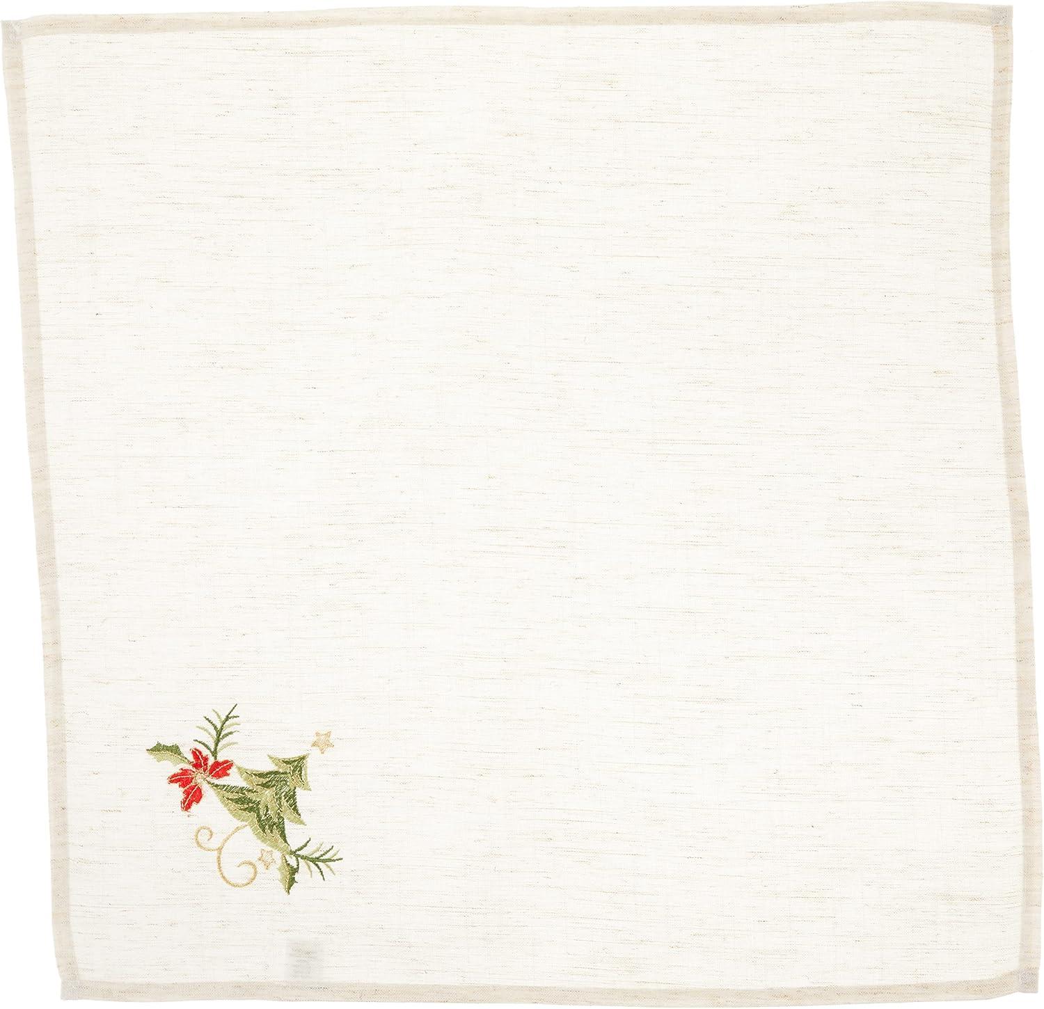 Natural Embroidered Christmas Tree Design Linen Blend Napkin Set