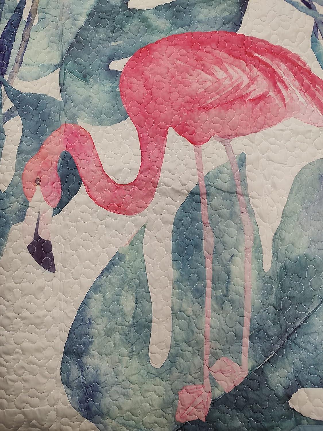 De Leon Collections Coastal Living Pink Flamingo & Aqua Palms Tropical Beach Vibes Decorative Quilt Bedding Set