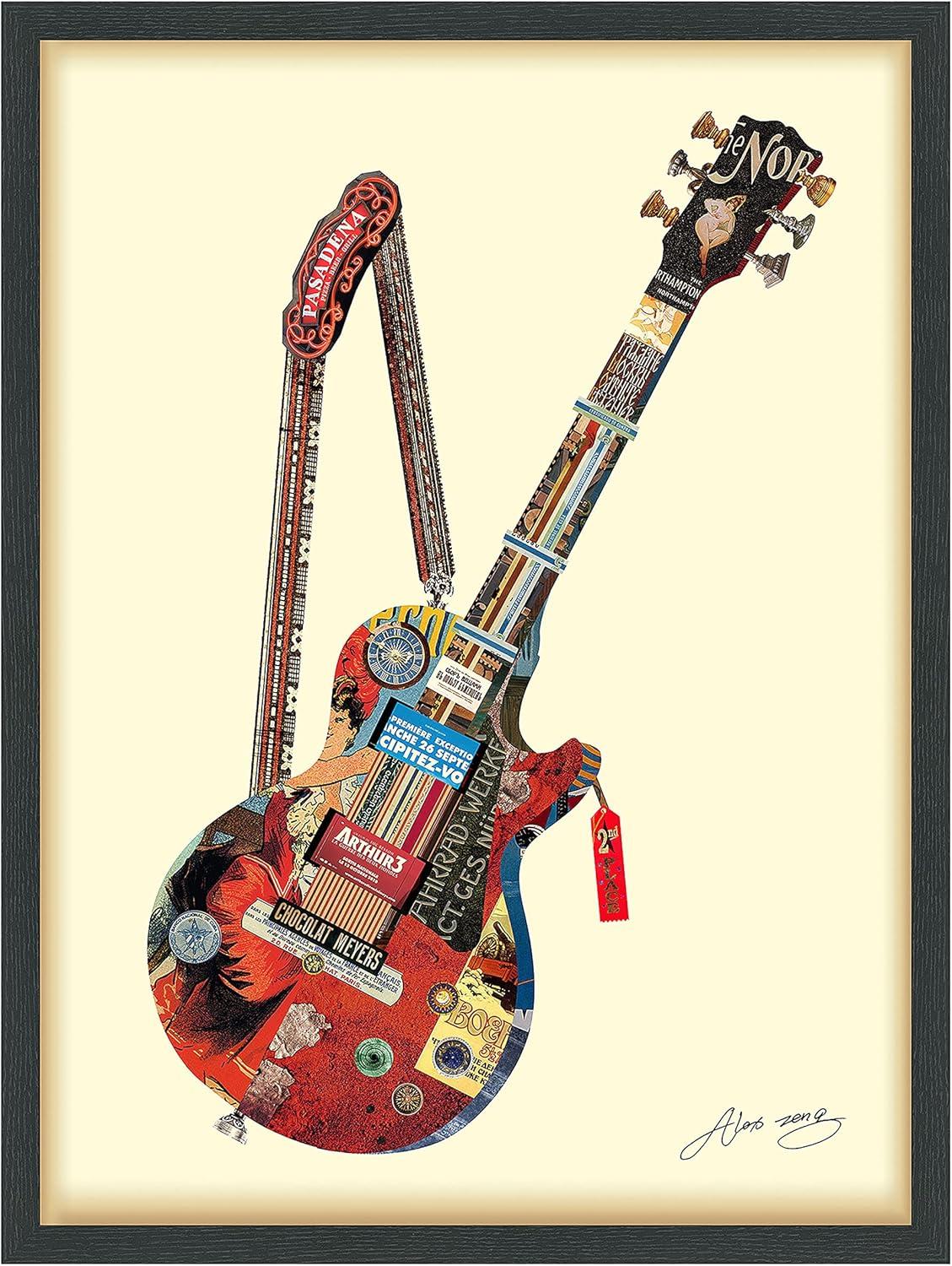 "Electric Guitar" Dimensional Collage Framed Graphic Art Under Glass Wall Art