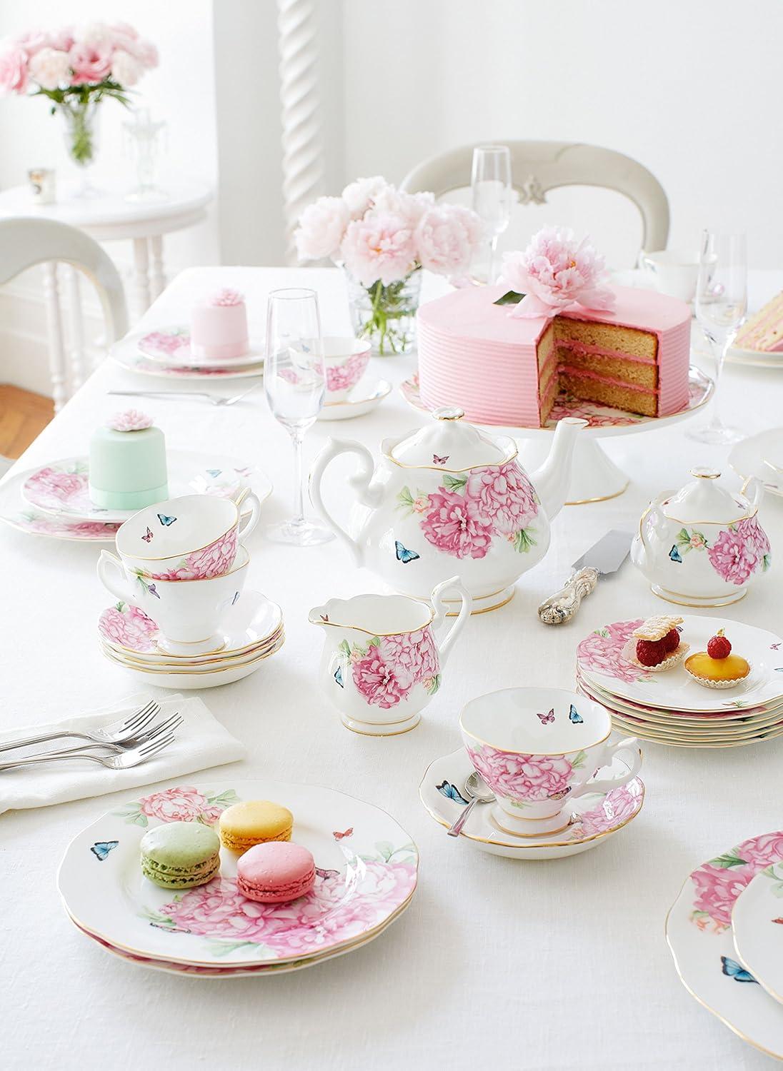 White Porcelain Floral Teacup, Saucer, and Plate Set