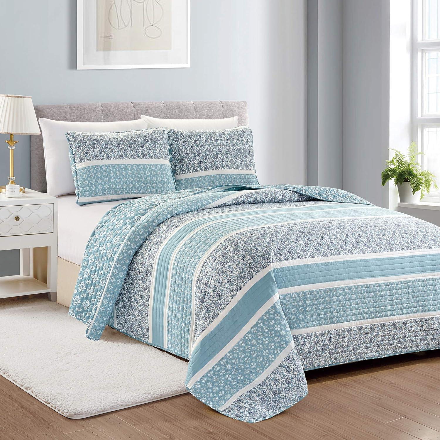 Twin Blue Microfiber Reversible Quilt Set with Shams