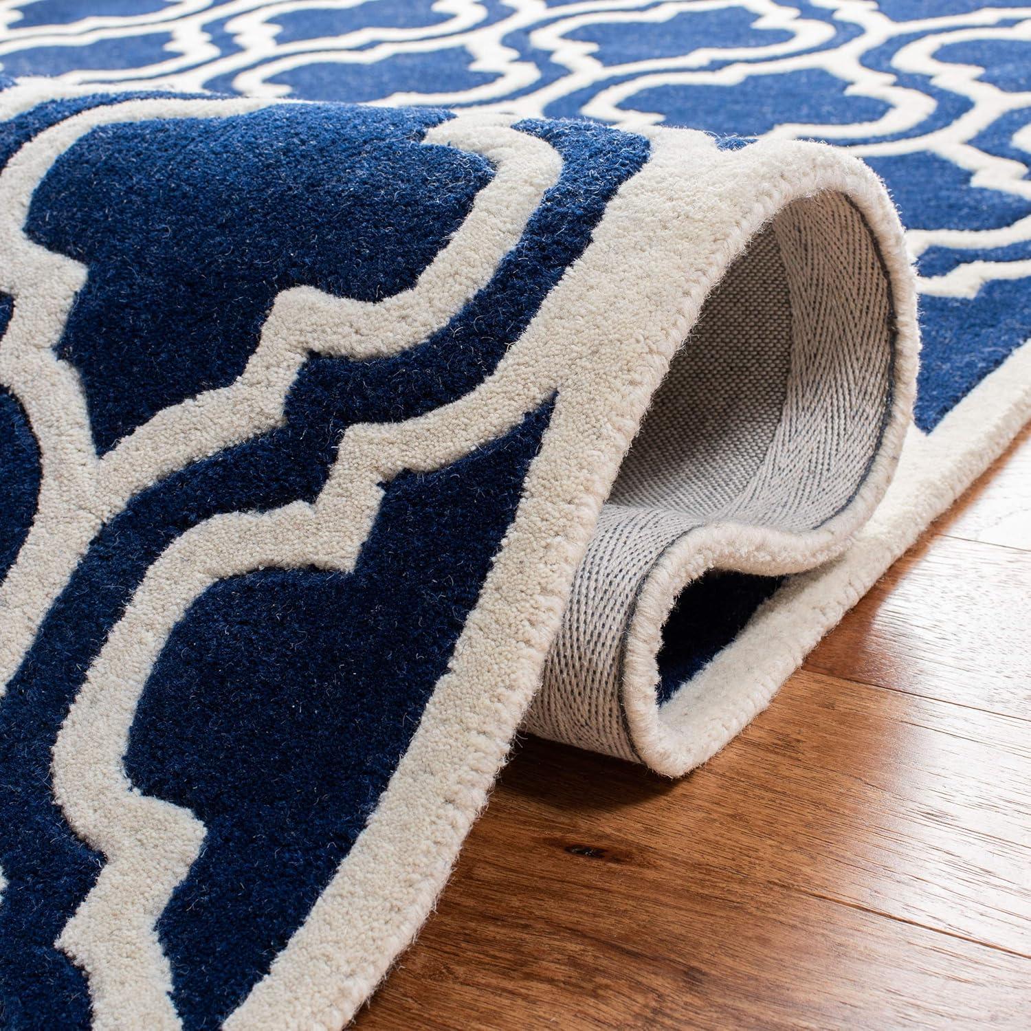 Hand-Tufted Dark Blue and Ivory Wool 8' x 10' Area Rug