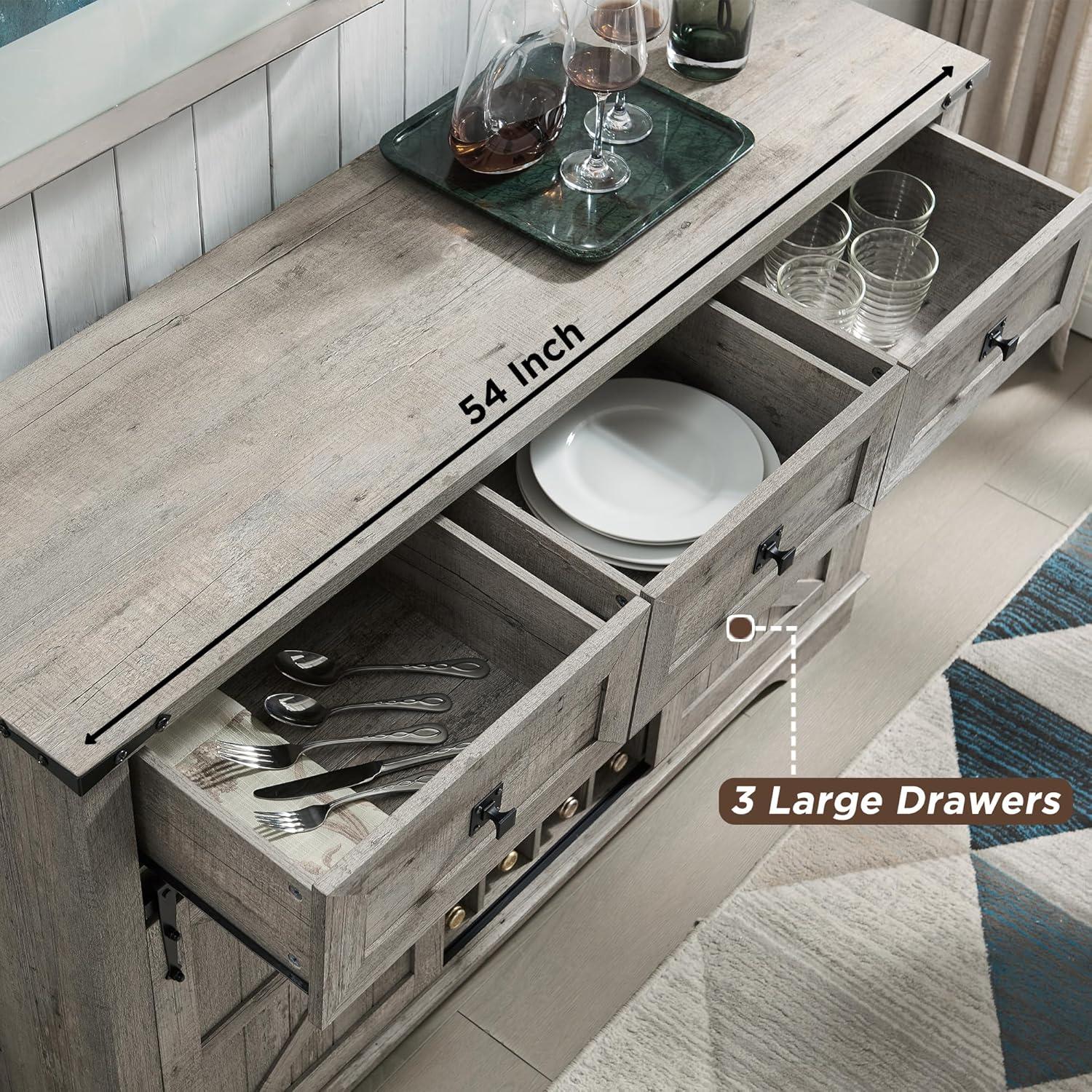 SinCiDo 54" Wine Bar Cabinet w/Sliding Barn Door, Kitchen Coffee Bar Cabinet w/Wine & Glass Rack, 3 Drawers, Large Buffet Sideboard, Light Rustic Oak