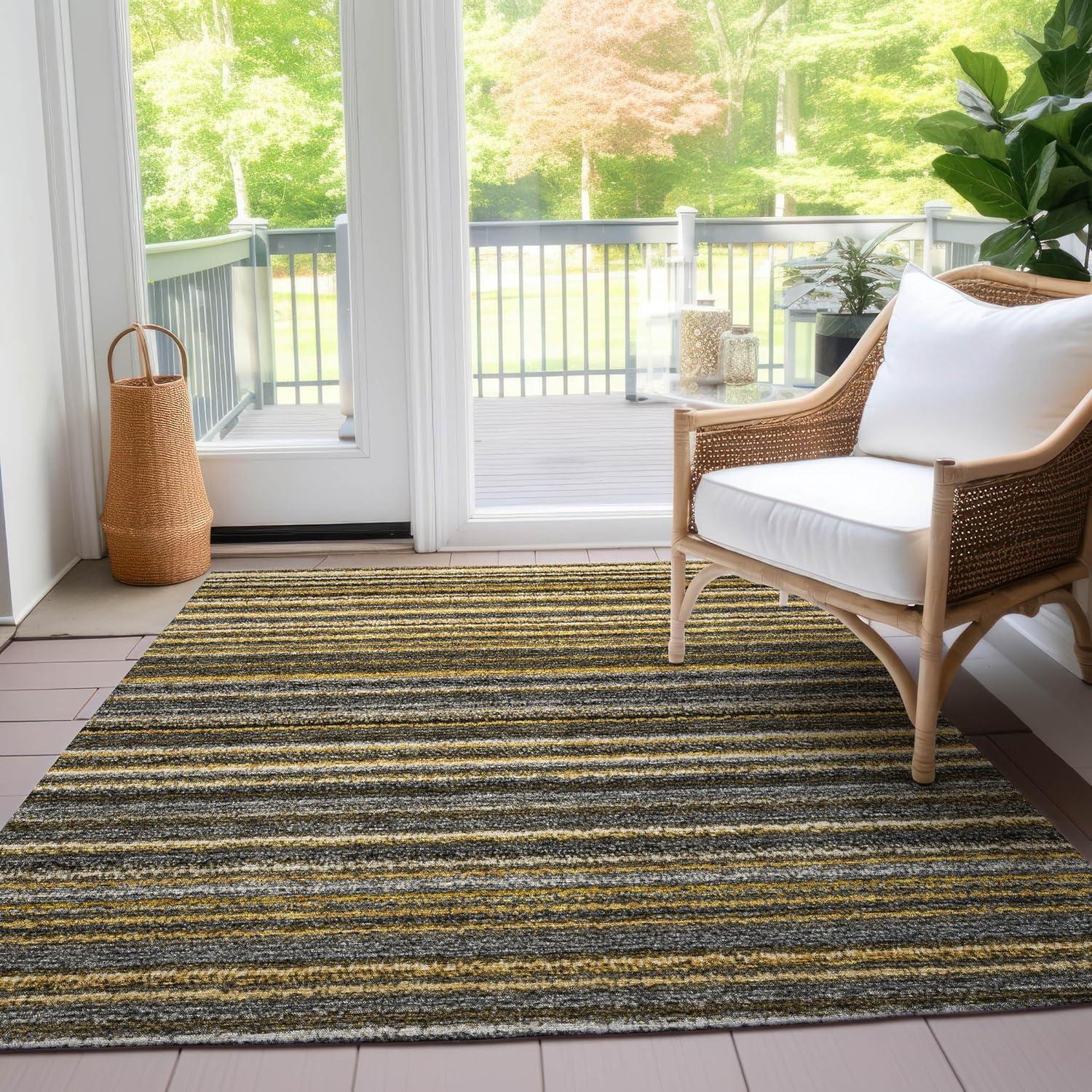 Gold and Gray Striped Synthetic 8' x 10' Washable Rug