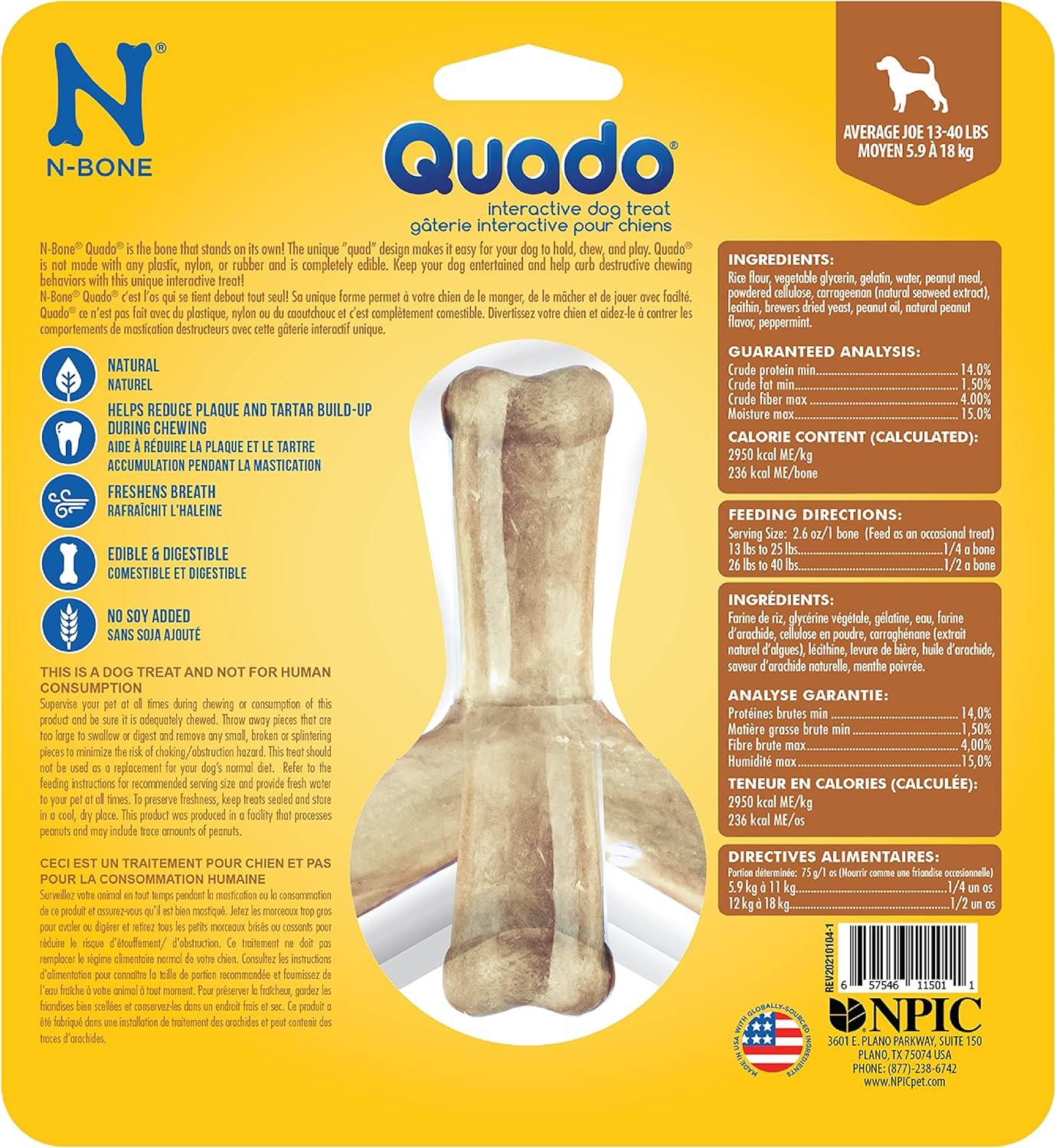 N-Bone® Quado® Dried Interactive Dog Chews, Peanut Flavor, Average Joe, Medium, 1ct, 2.6oz - Natural, Edible, 100% Digestible Dog Chews Alternative to Plastic Toys - for Small & Medium Dogs