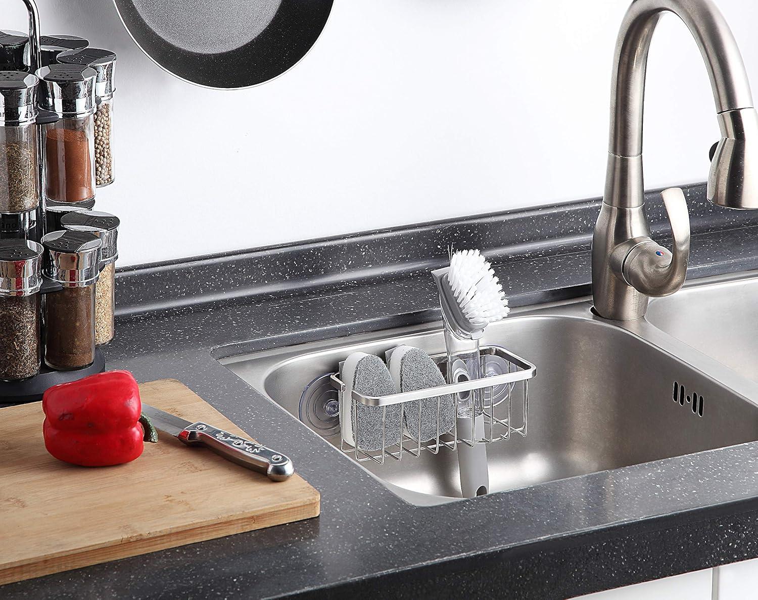 SunnyPoint NeverRust 304 Stainless Deluxe Kitchen Sink Suction Holder (Brushed Texture, 7.4 x 3.3 x 2.75 Inch)(Sponge & Brush NOT Included)