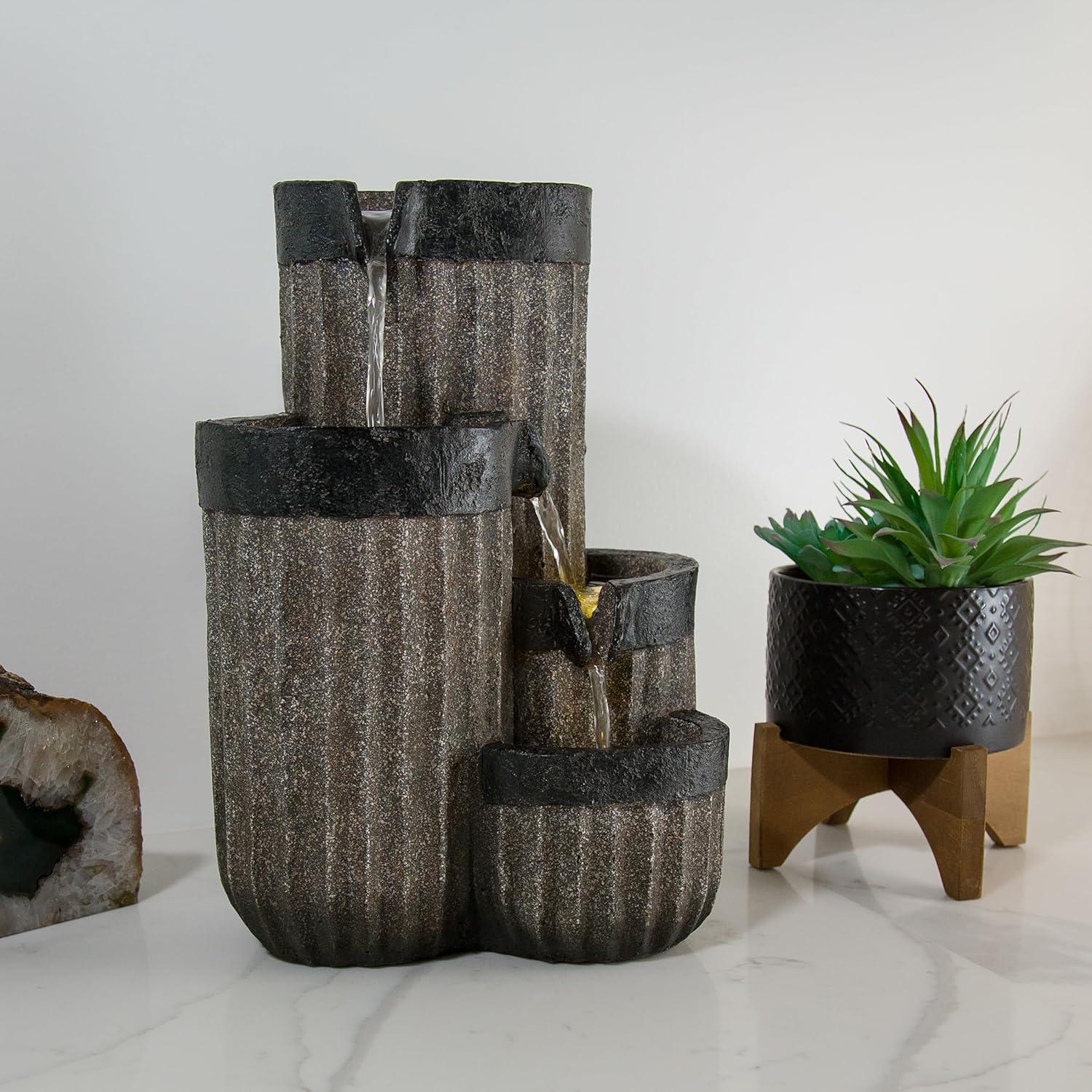 Gray Polystone Multi-Tier Tabletop Fountain with LED Lights