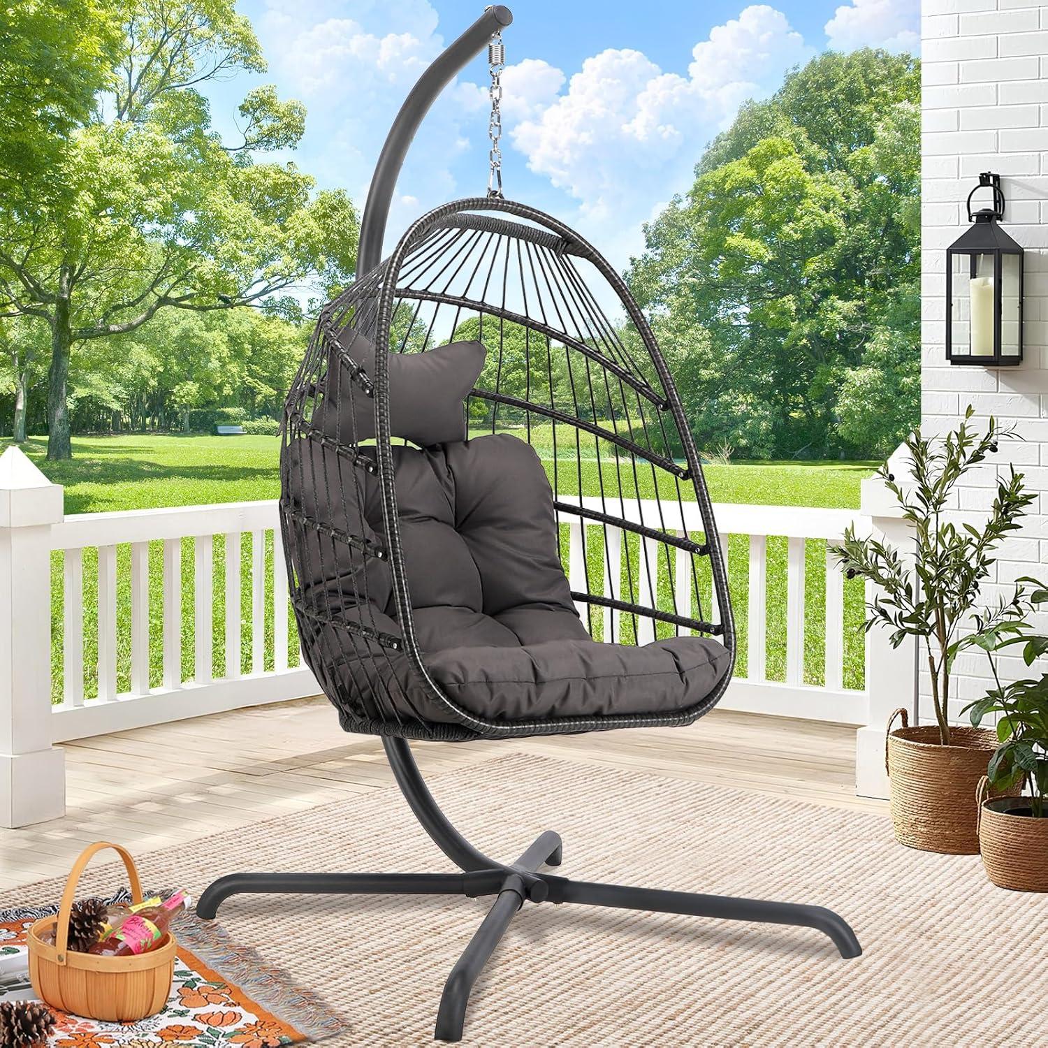 RADIATA Outdoor Foldable Hanging Egg Chair with Stand, PE Wicker Swing Chair with Cushion and Headrest, 350 lbs Capacity, Beige