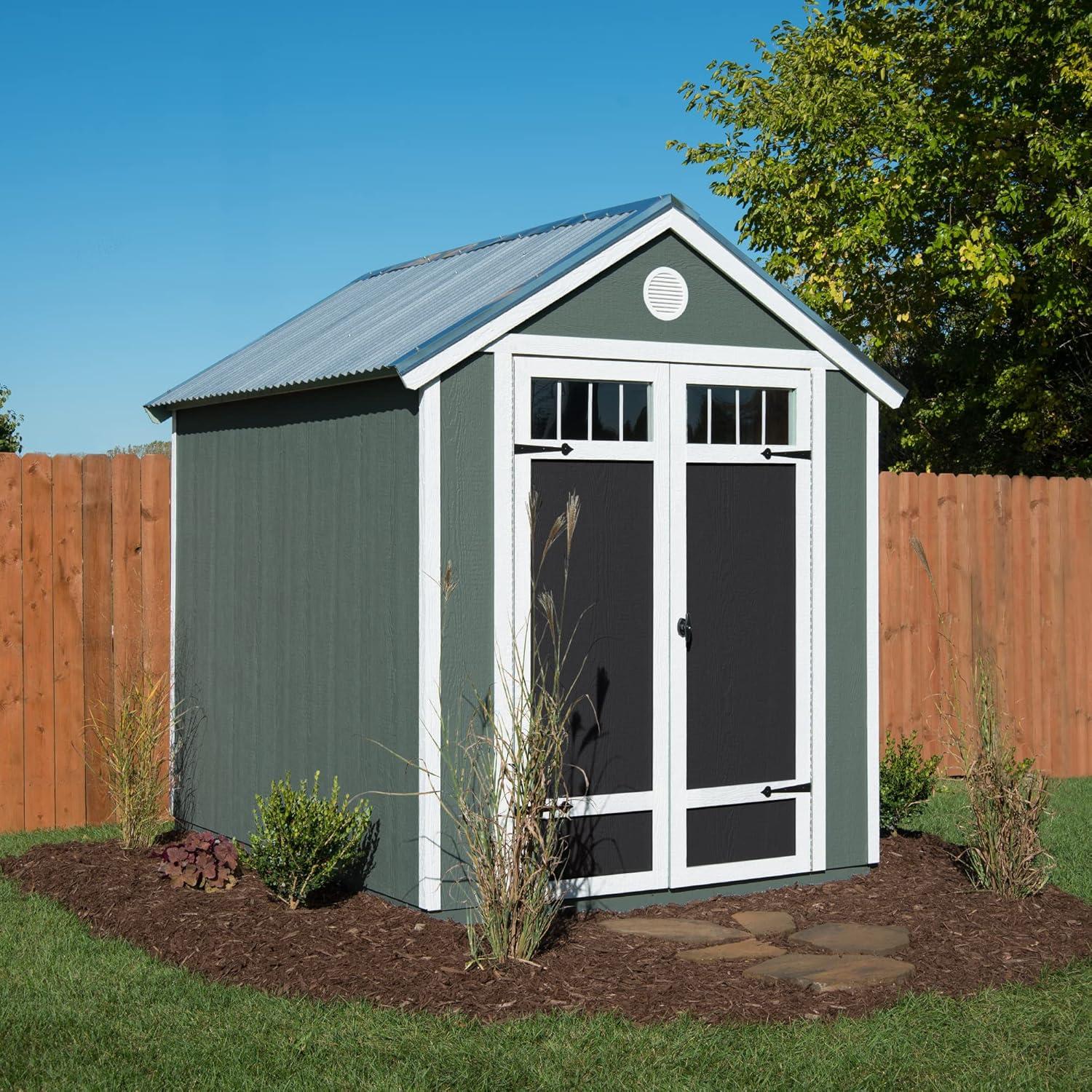 Gray 6' x 8' Wooden Garden Shed with Metal Roof and Shelving