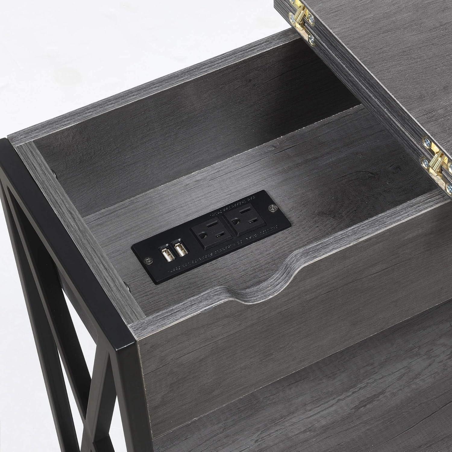 Convenience Concepts Tucson Flip Top End Table with Charging Station and Shelf, Charcoal Gray/Black