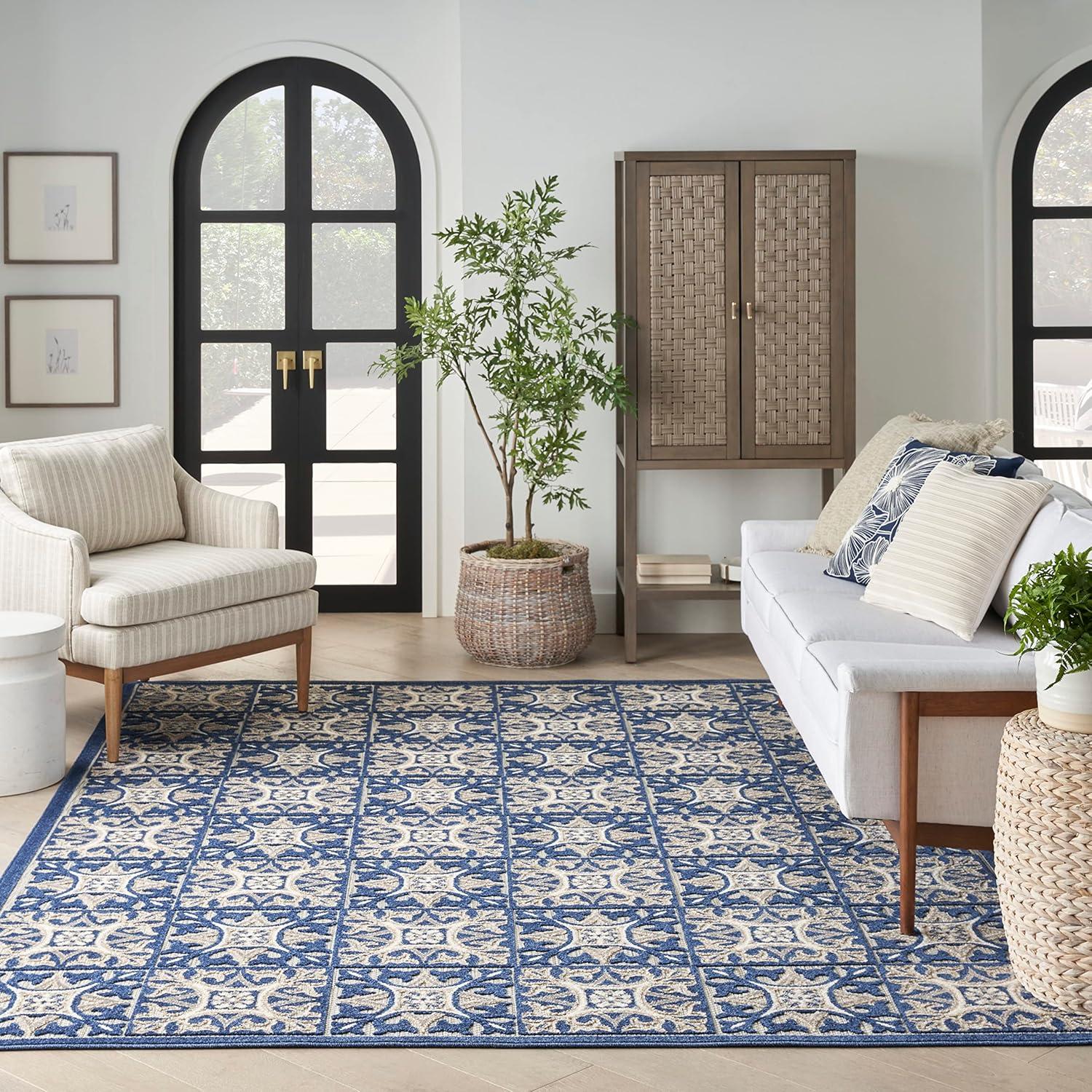 Nourison Aloha Modern Mosaic Flatweave High-Low Indoor Outdoor Area Rug Blue 6' x 9'