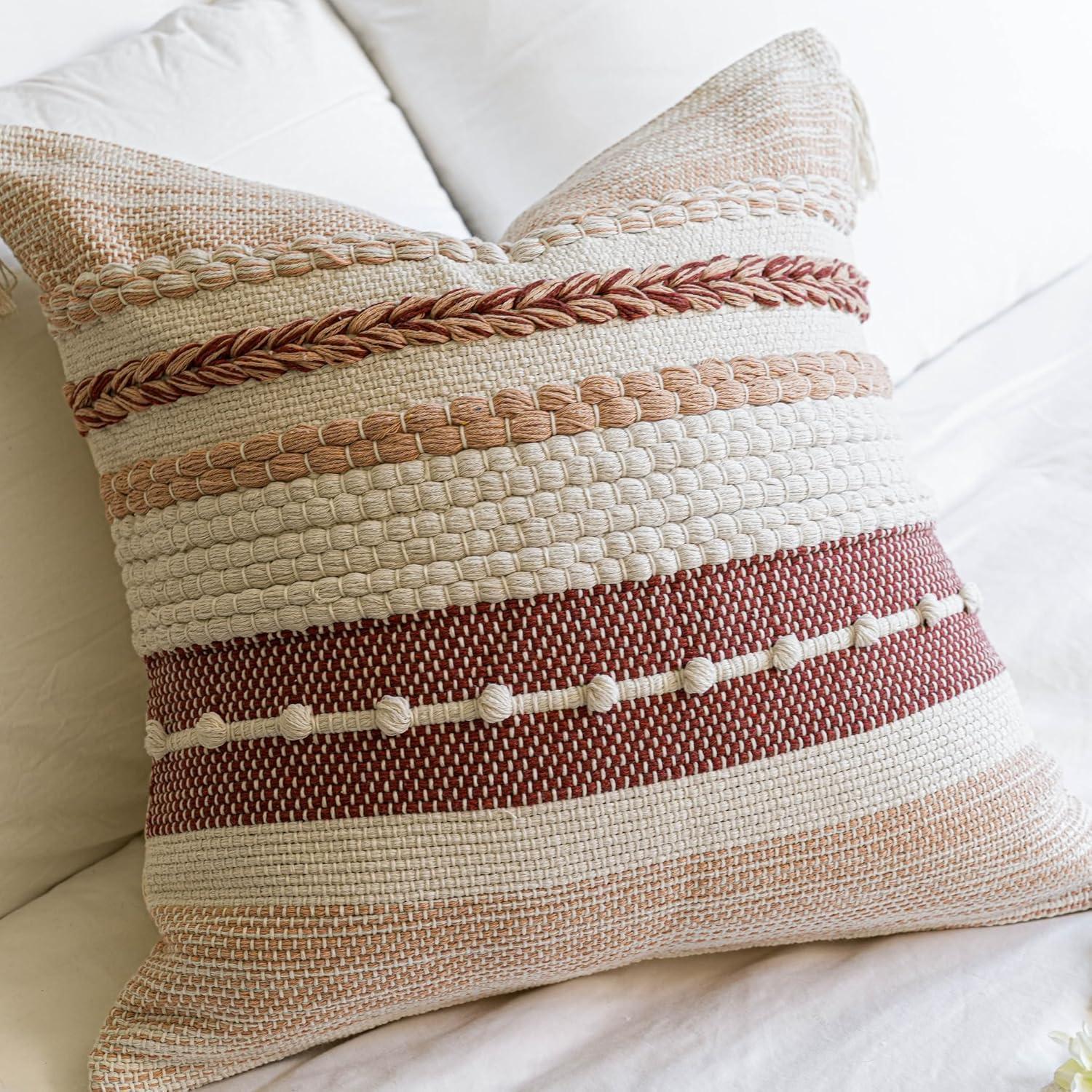 Coastal Blue Boho Decorative Throw Pillow Cover 20x20 Modern Bohemian Accent Pillow Case Square Woven Textured Farmhouse Pillows for Couch Bed (Pack of 1)