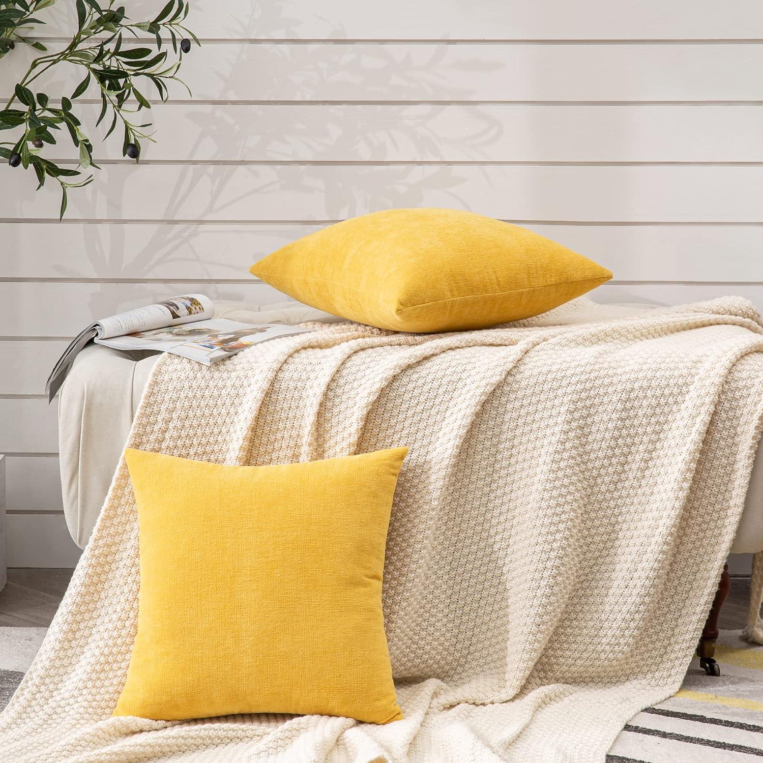 Yellow 20" Square Chenille Pillow Covers with Piped Edges