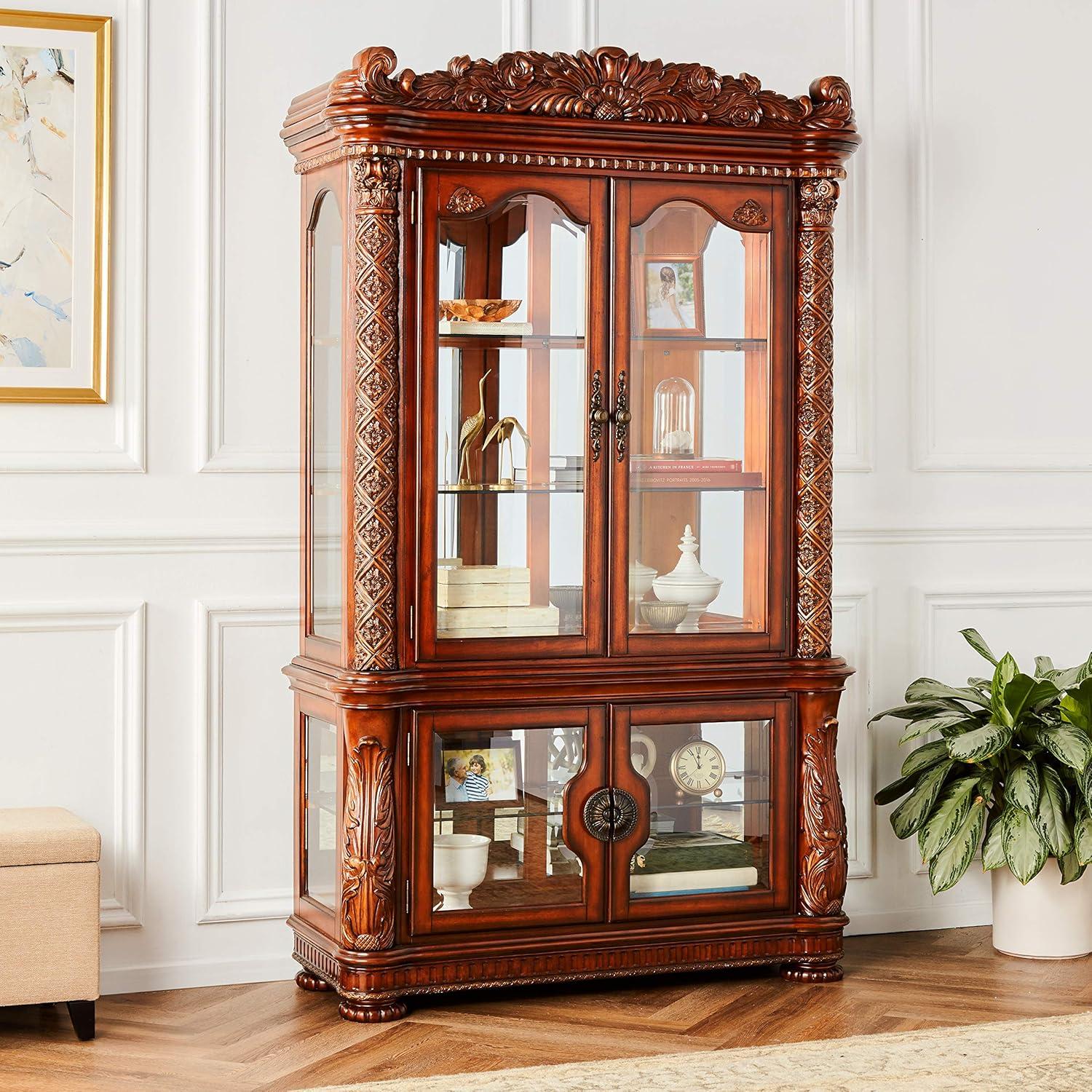 Vendome Cherry Lighted Curio Cabinet with Glass Shelves