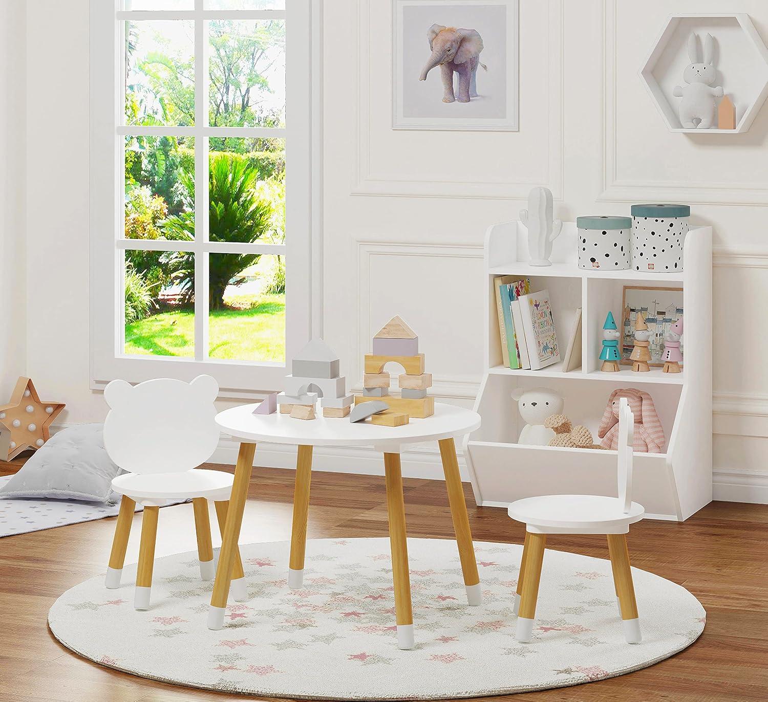 White and Natural Wood Kids Round Table with 2 Chairs