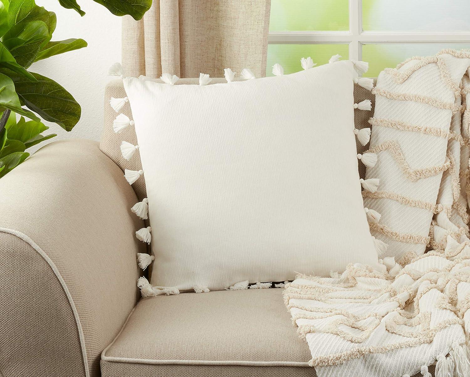 White Cotton Tassel Trim Square Throw Pillow