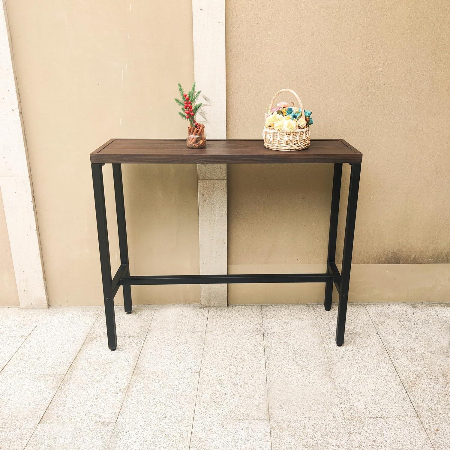 MEOOEM Outdoor Counter Height Bar Table Wood-Like Metal Tabletop Patio Side Dining Table for Pub Garden Kitchen Dining Room Hallway, Black Metal Frame