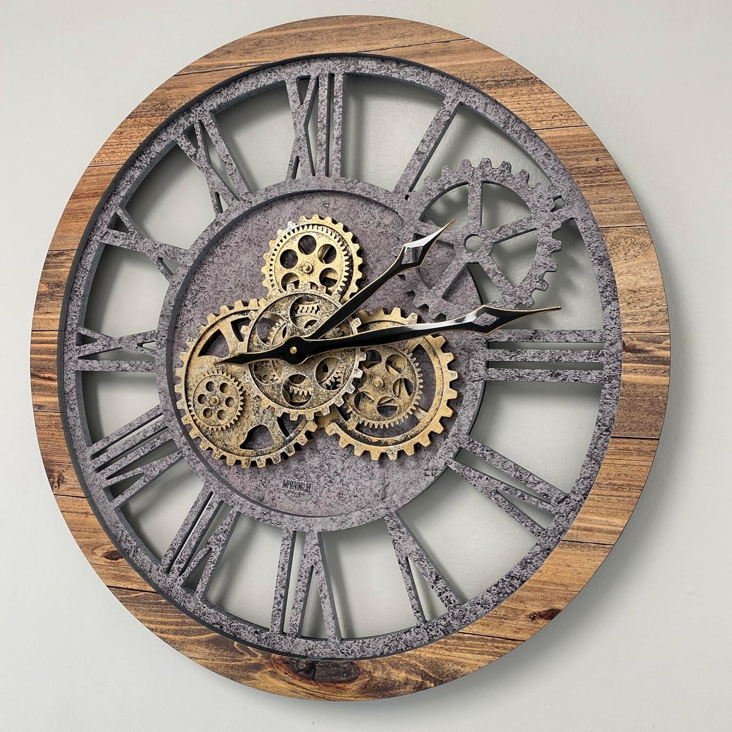 Wall Clock 24" Round Oversized for Living Room decor with Real Moving Gears America Collection