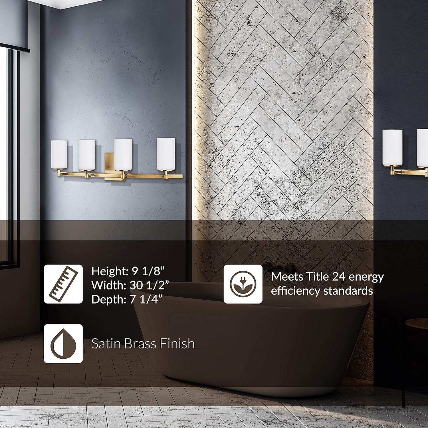 Alturas 30.5 in. 4-Light Satin Brass Modern Contemporary Wall Bathroom Vanity Light with Satin Etched Glass Shades