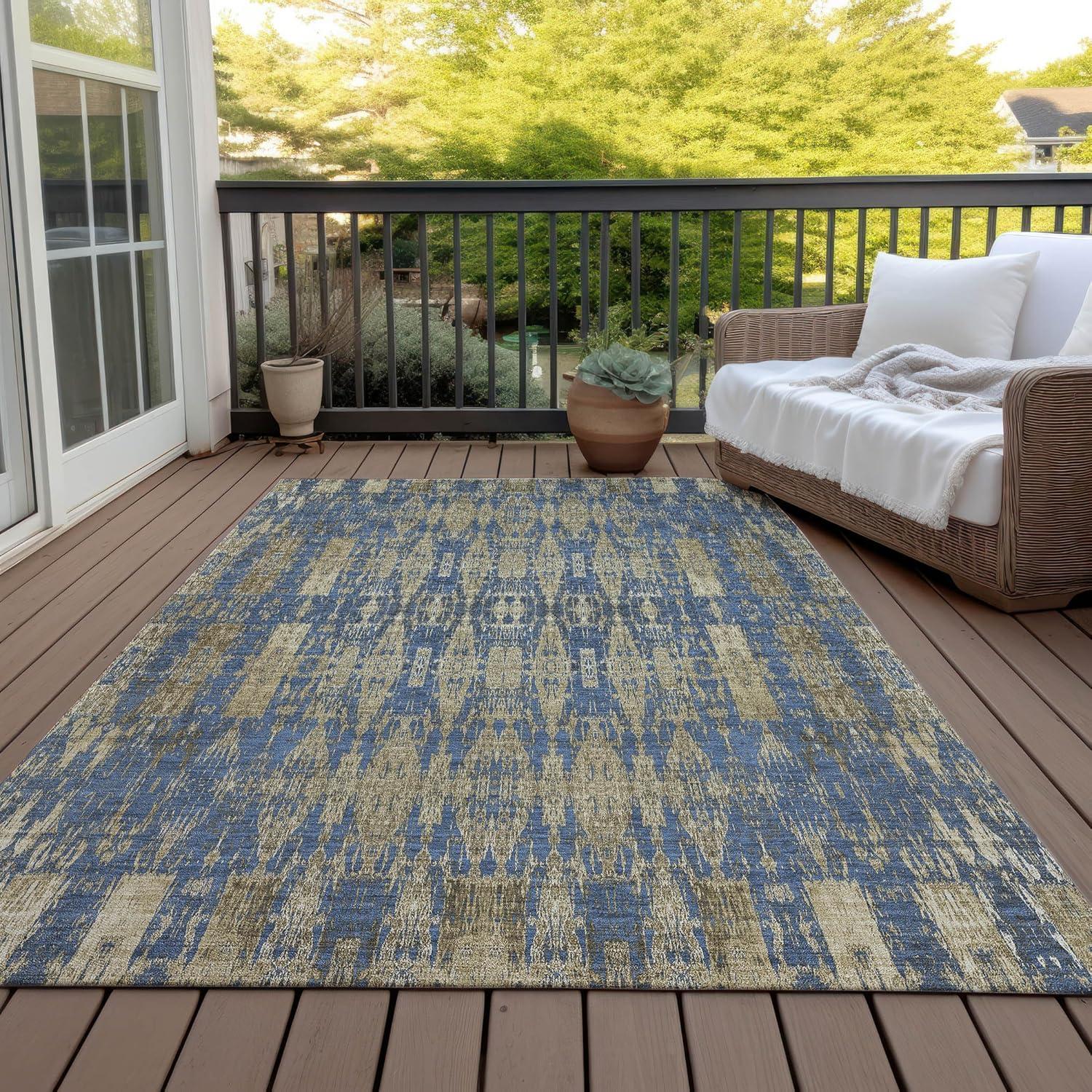 Blue Moroccan Motif Machine-Washable Indoor Outdoor Rug 3' x 5'