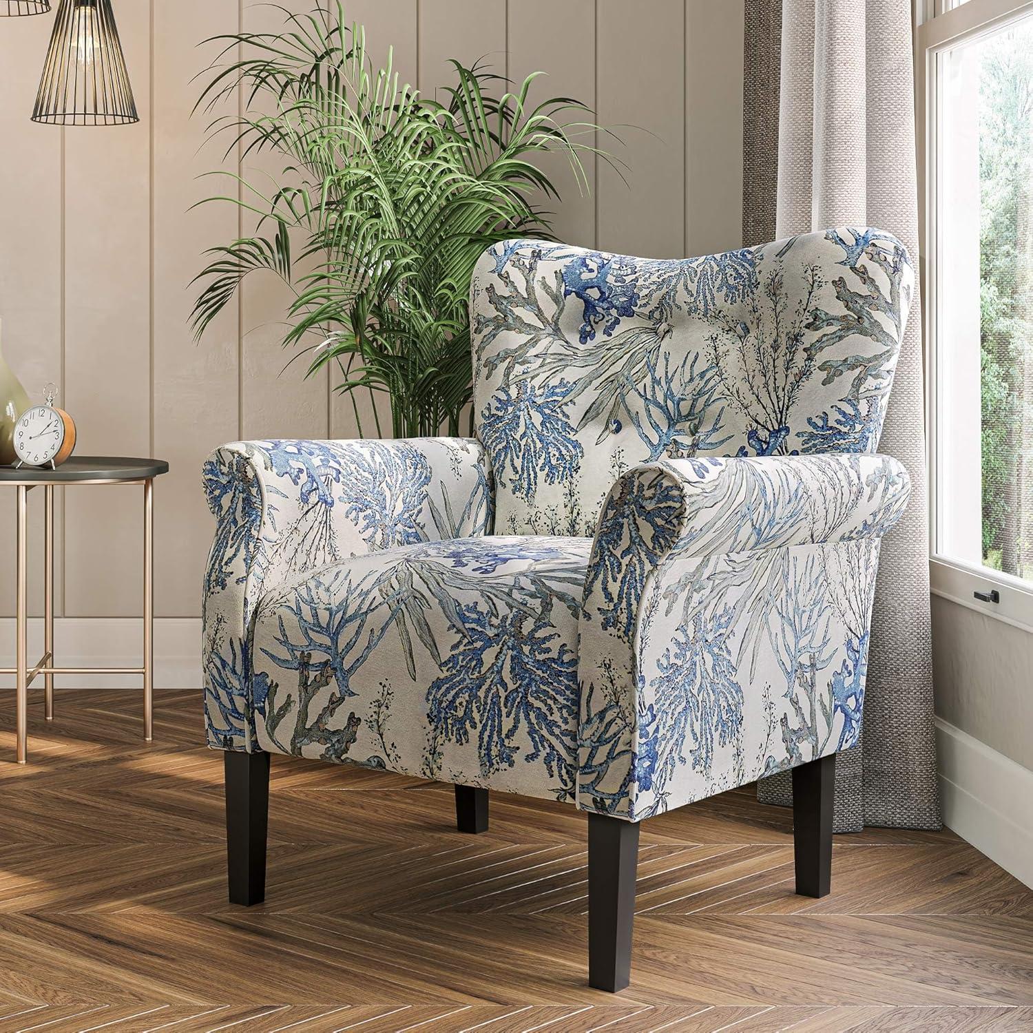 Blue Coral Floral Upholstered Accent Chair with Wooden Legs